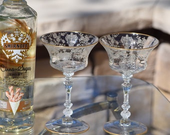 5 Vintage Etched Gold Rimmed Cocktail ~ Martini glasses, Cambridge, Rose Point, circa 1935, Nick and Nora Cocktail ~ Champagne Glasses