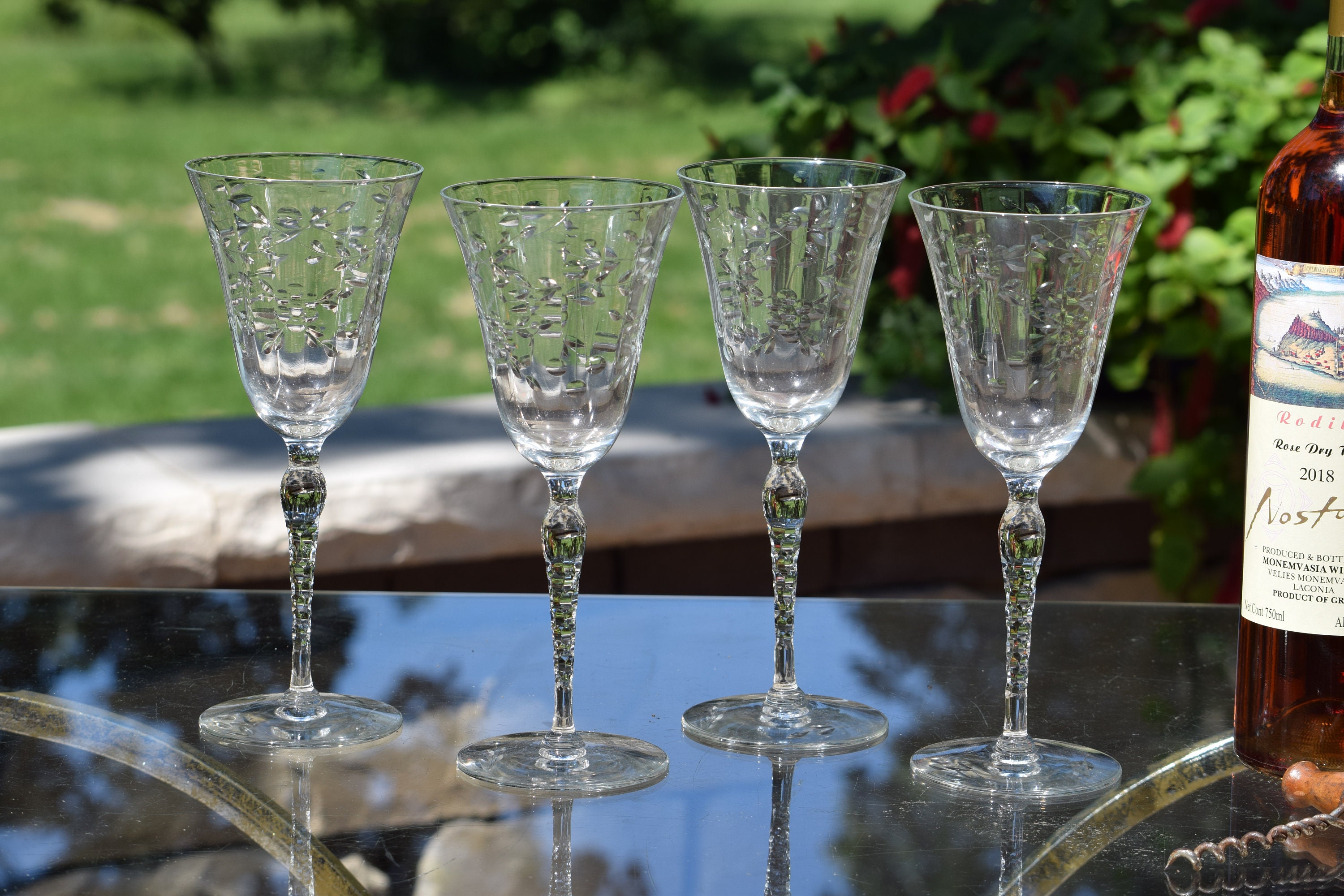 5 Vintage Etched Tall Wine Glasses ~ Water Goblets, Faceted Stem Etched Wine  Glasses, Unique Etched Stem Wine Glasses, Wedding Glasses