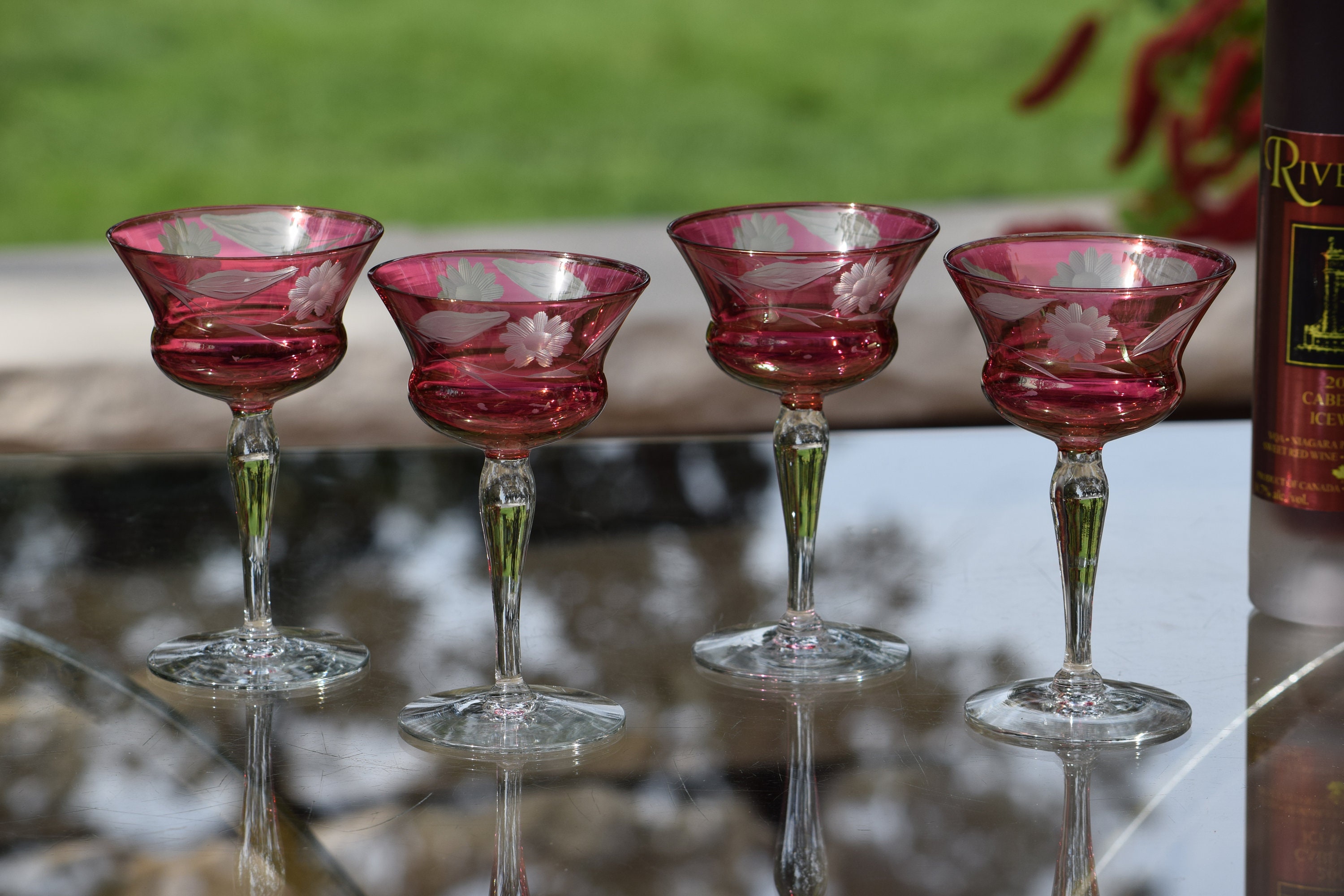 4 Vintage Etched Ruby Red Liqueur - Wine Glasses, circa 1950