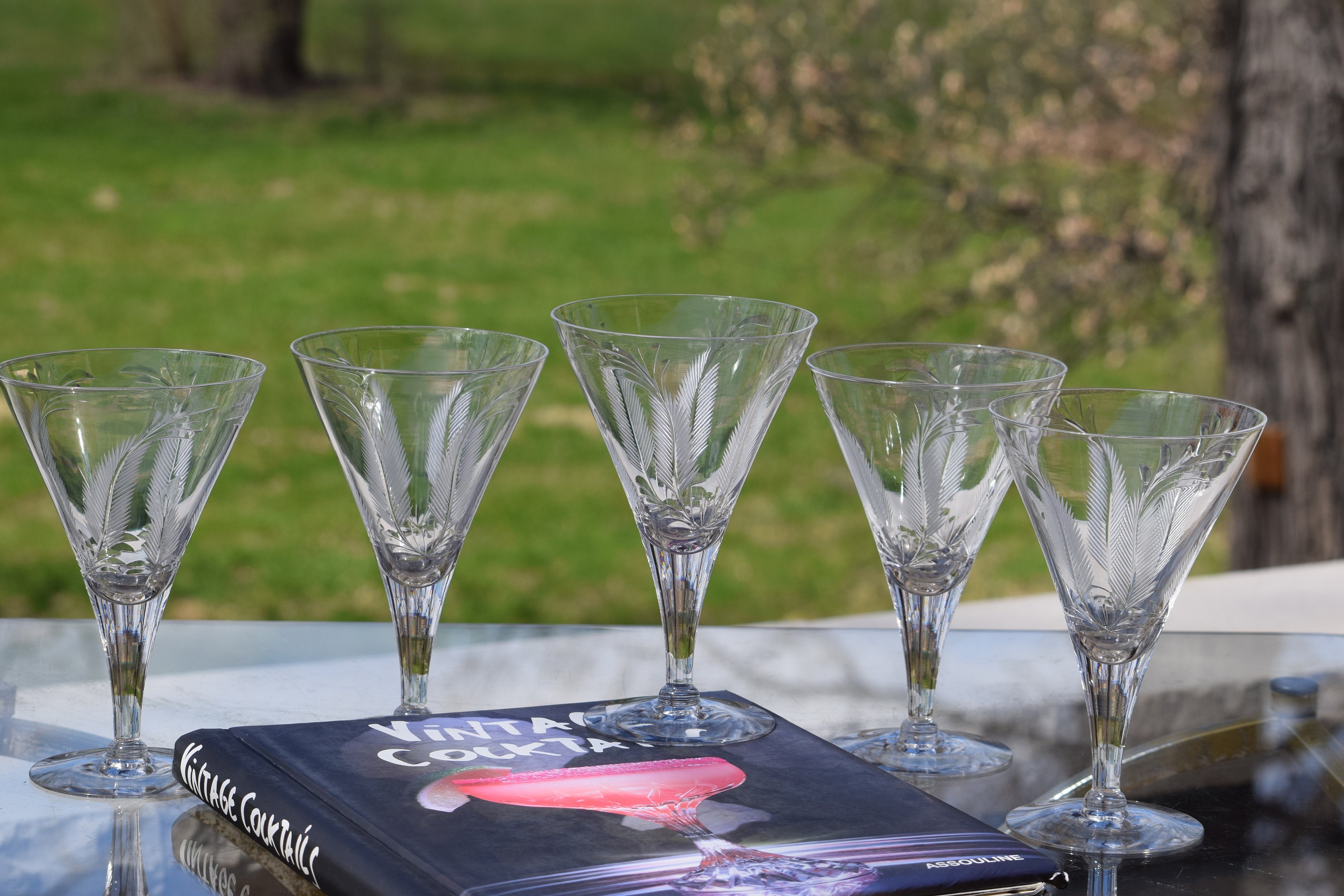 5x Crystal Wine Glasses Pineapple Cut Art Deco Glasses 