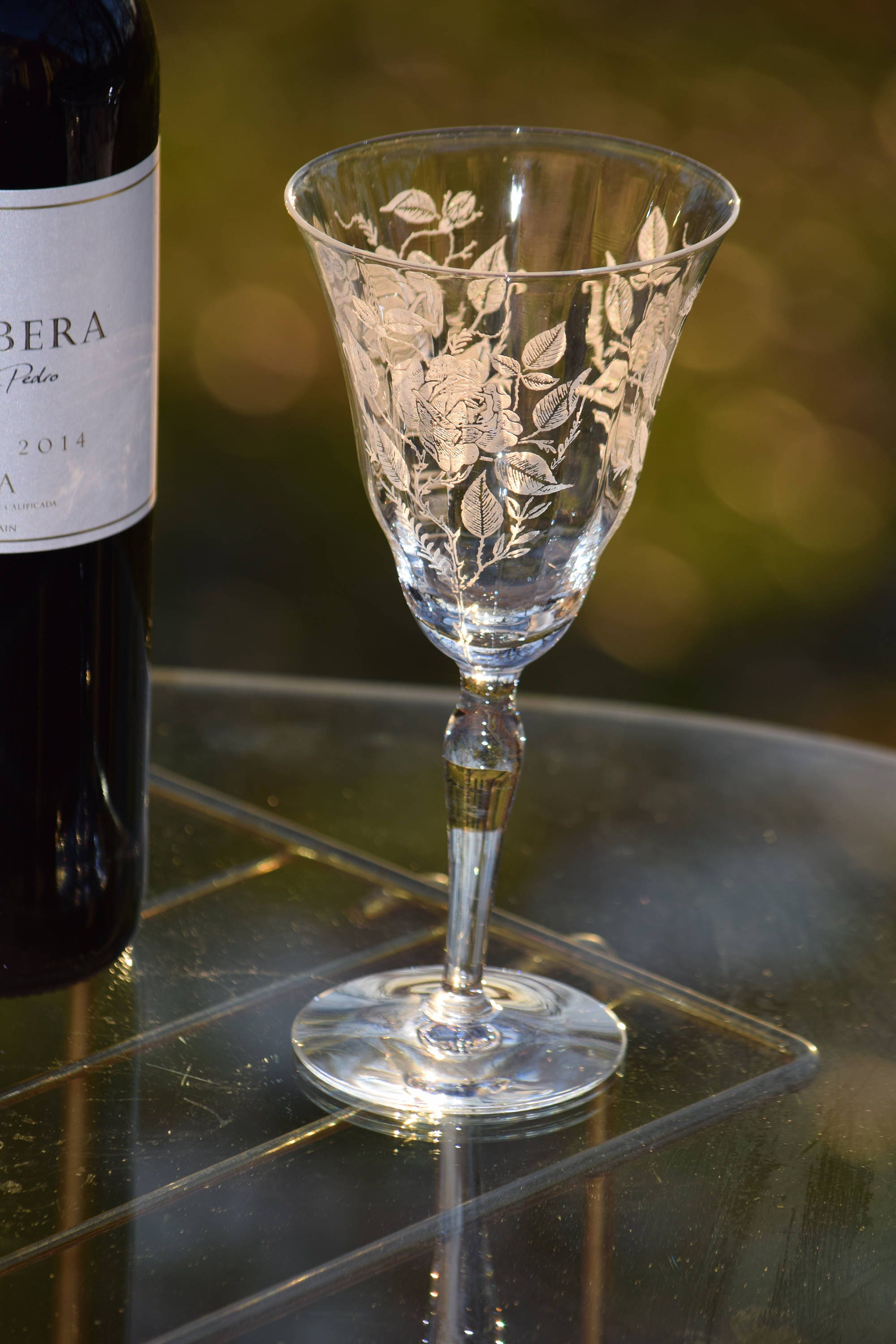 Vintage Tall Wine Glasses, Floral Etched Optic Glass, Set of 2, Made by