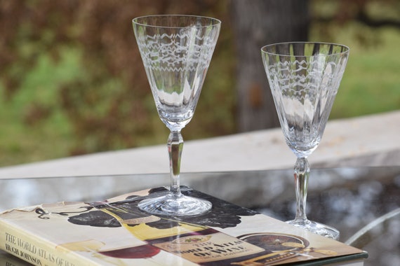 2 Art Deco Wine Glasses Stemware Vintage 1920s Etched Goblets