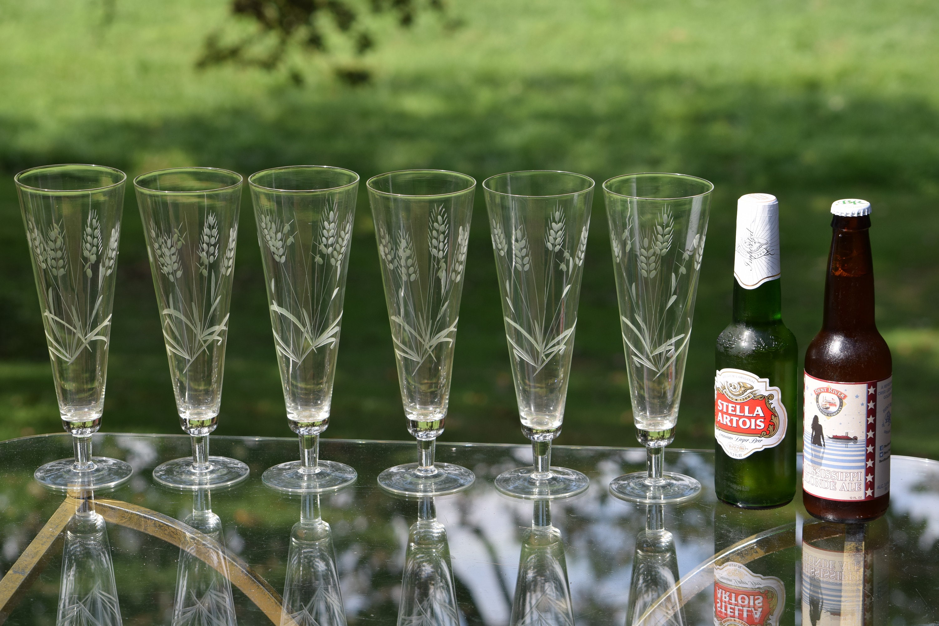 Vintage Cocktail Glasses, Set of 6, Etched Vintage Footed Pilsner