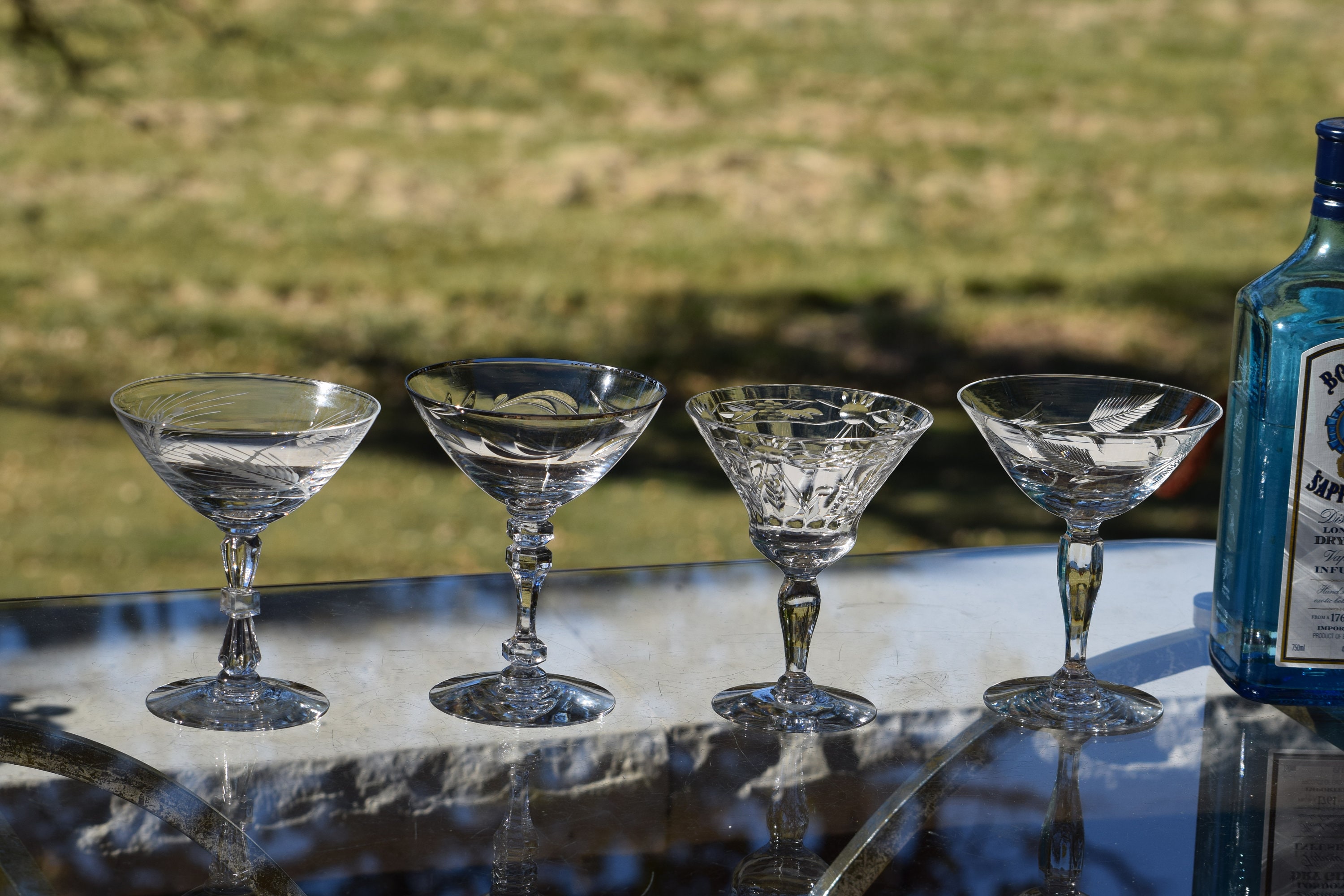 4 Vintage Etched Cocktail Martini Glasses, Set of 4 MisMatched Mixed