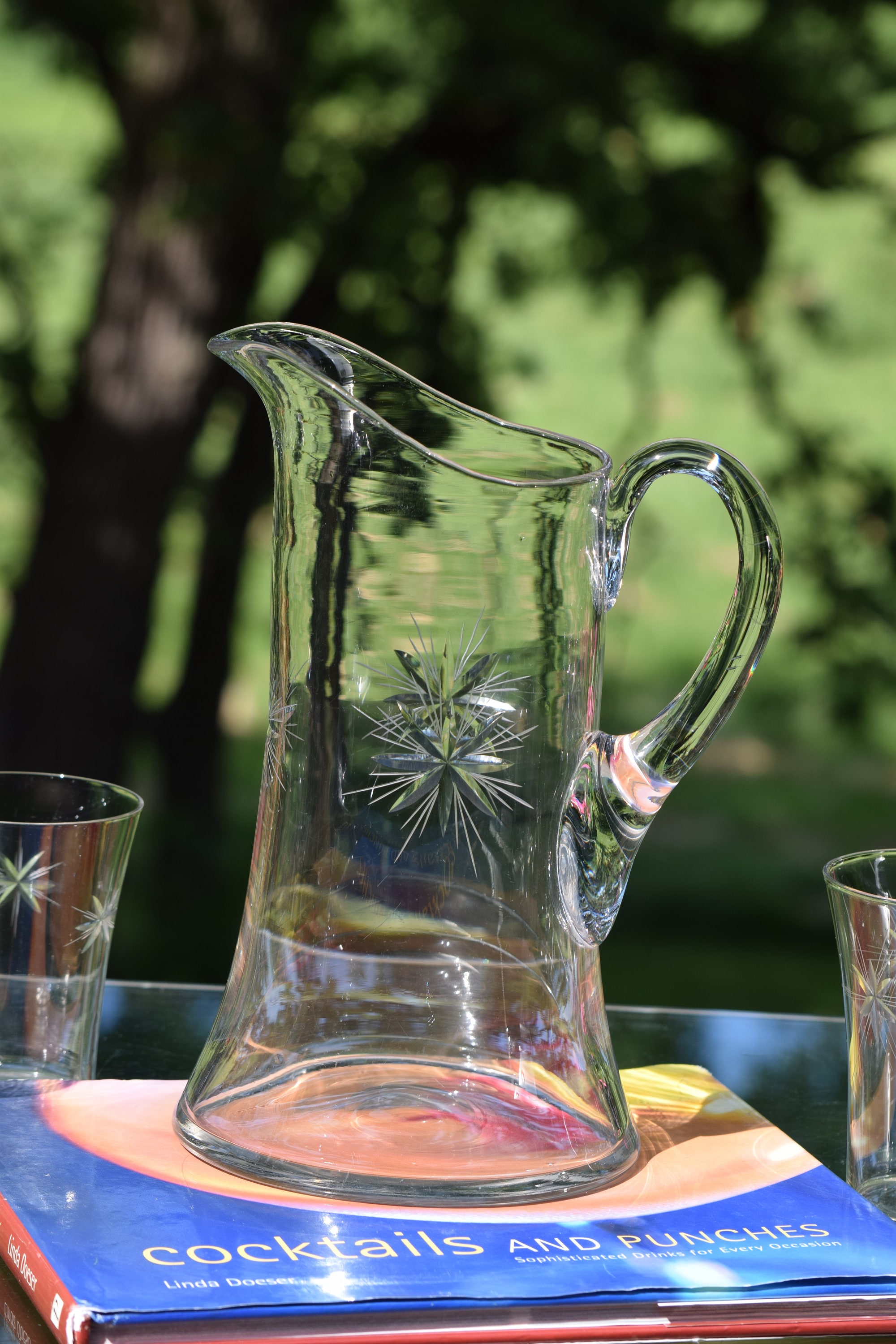 Vintage Etched Starburst Pitcher with matching Wine Glasses