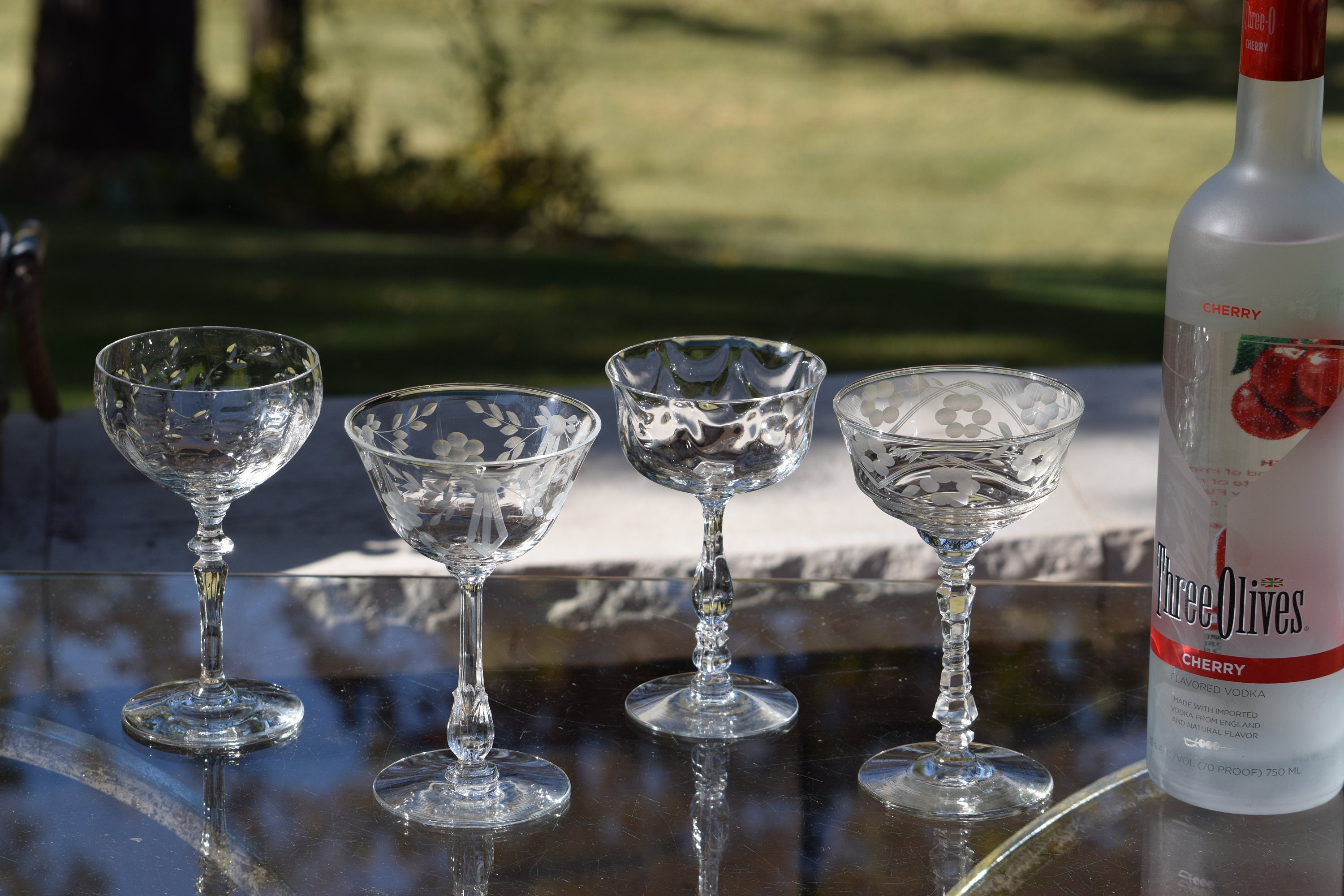 4 Vintage Etched Cocktail Martini Glasses, Set of 4 MisMatched Mixed