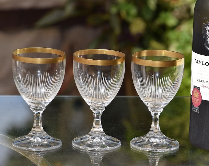 Vintage Etched Crystal Port Wine Glasses - Gold Rimmed Schott Zwiesel, Set of 5
