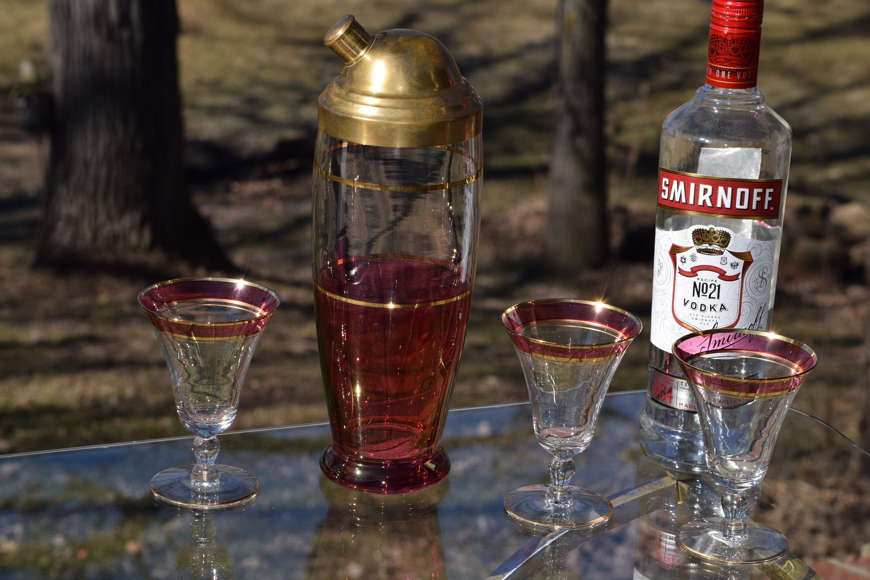 Vintage Mid Century Pink & Gold Martini Cocktail Shaker with Matching