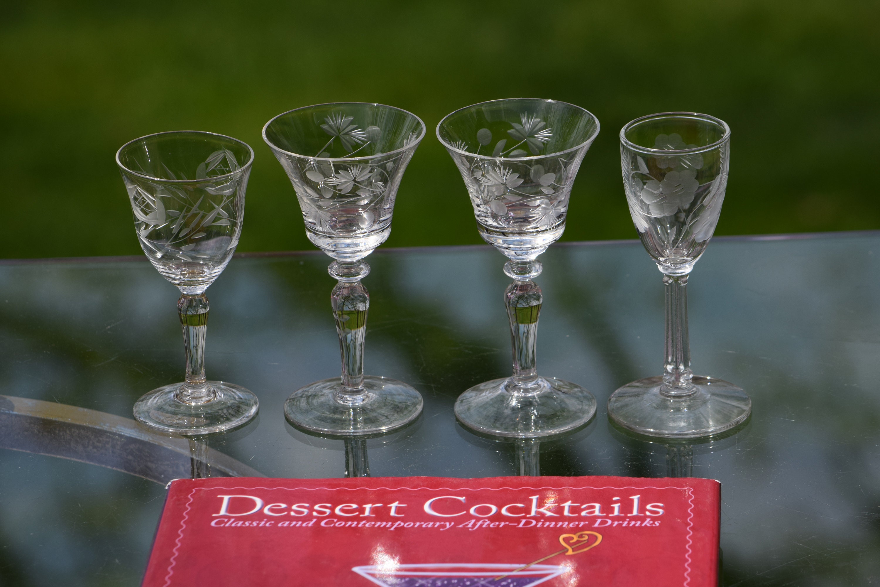 Vintage Etched Wine ~ Liquor Glasses Set Of 4 Mis Matched 1 Oz Port
