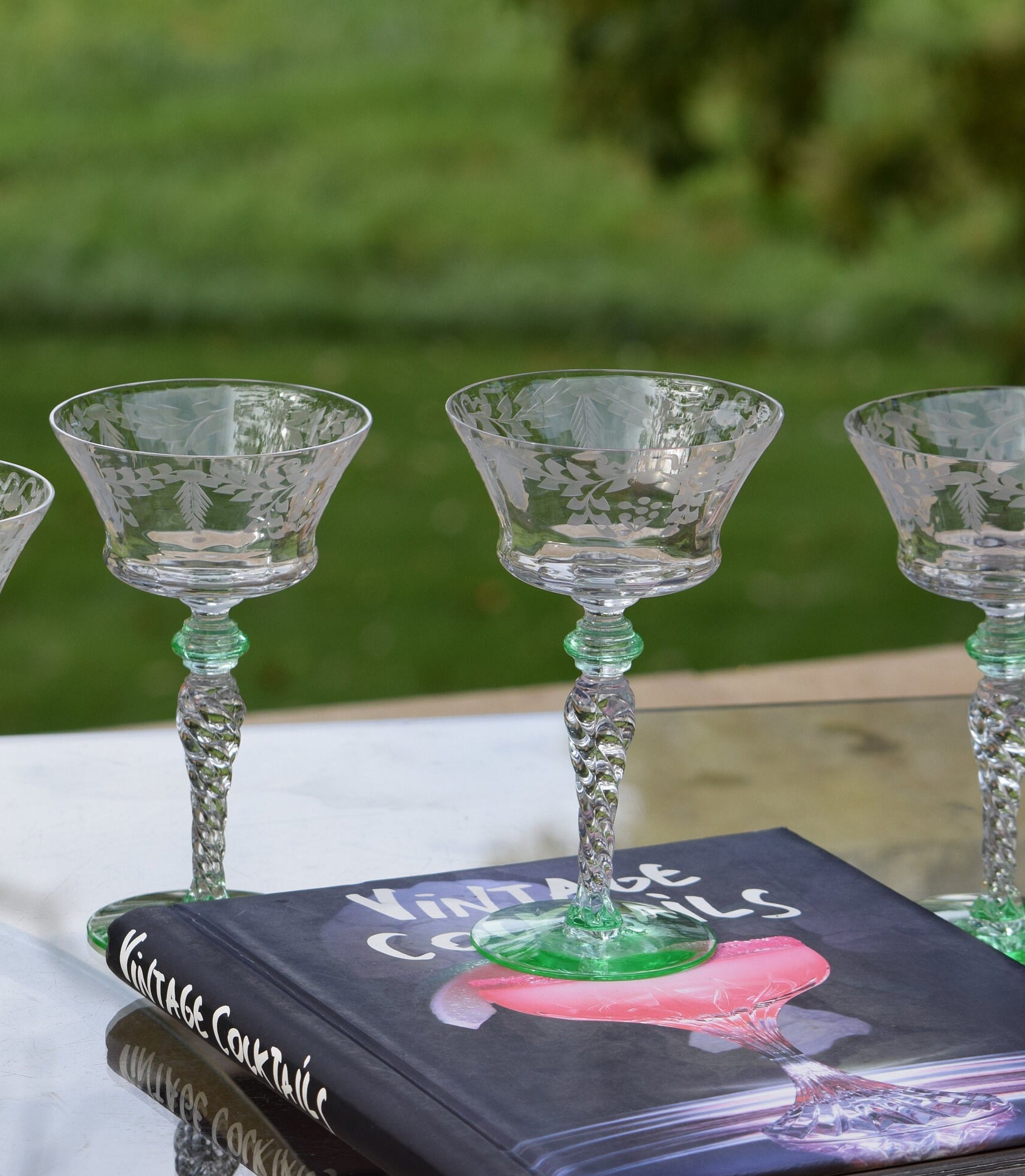 Vintage Needle Etched Green VASELINE Glass Cocktail Martini