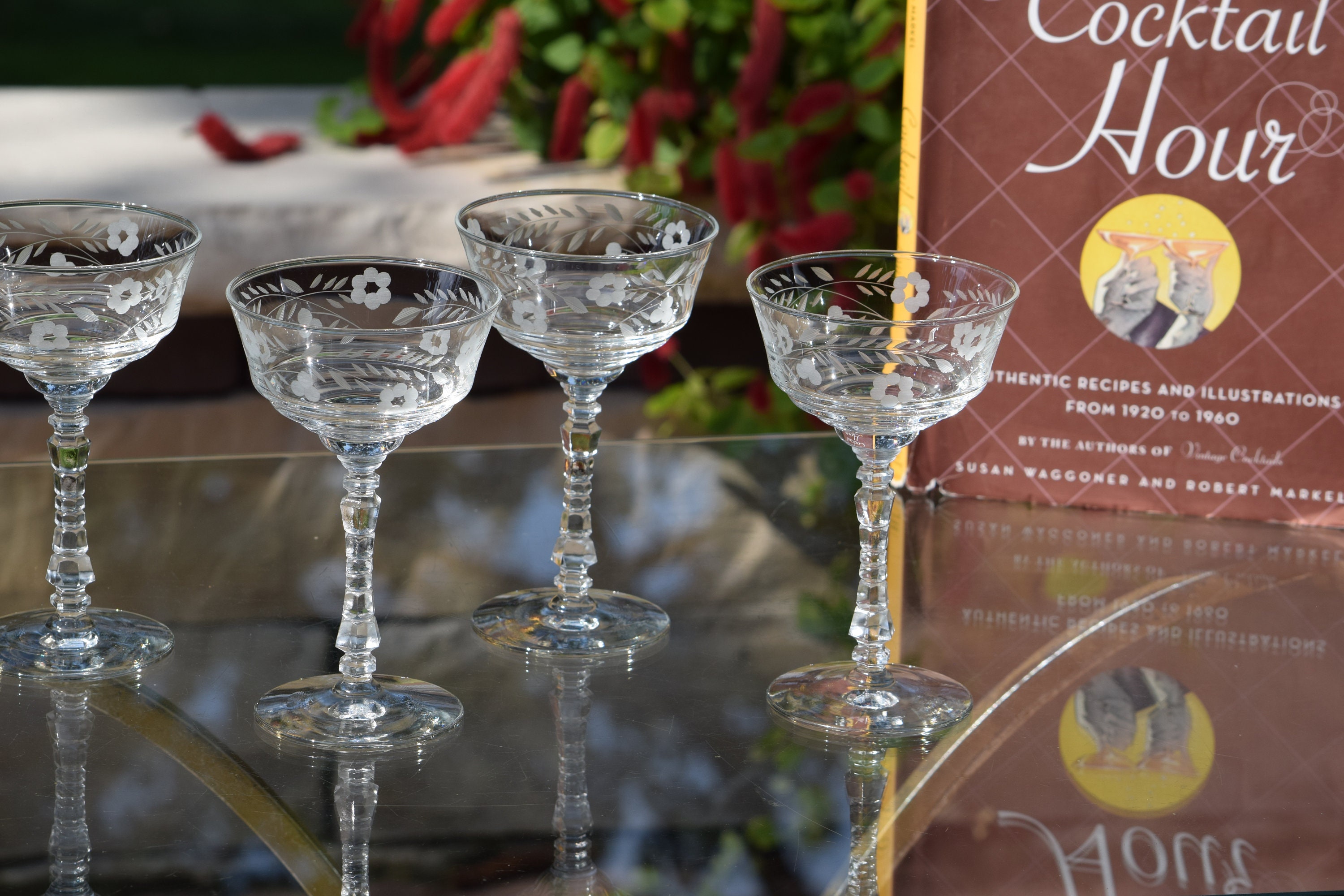 6 Vintage Etched Cocktail - Champagne Glasses, 1950's Rock Sharpe