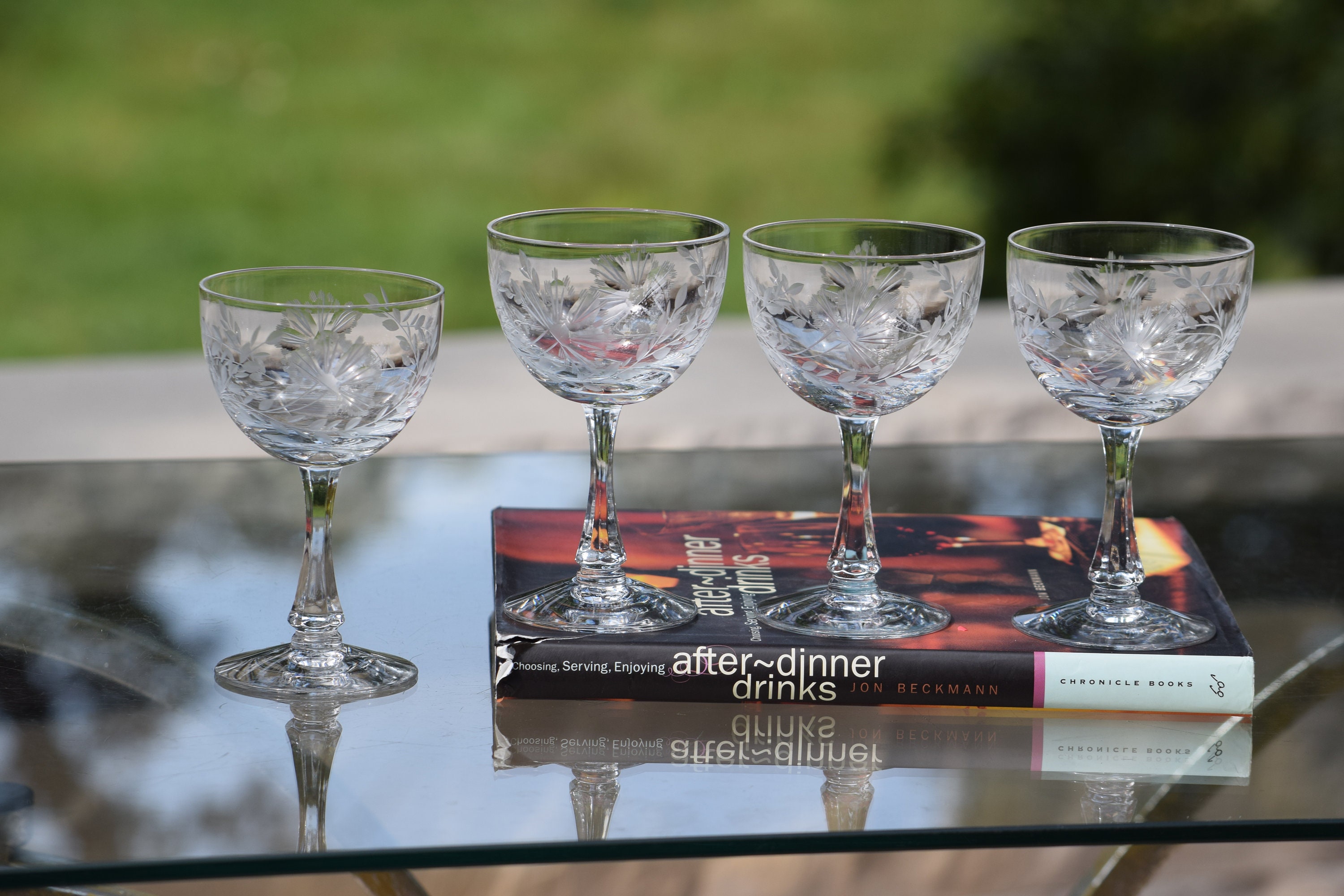 4 Vintage Etched CRYSTAL Liqueur Cocktail Glasses, Fostoria, Circa