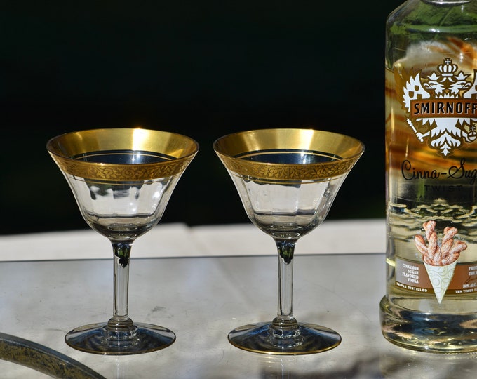 Vintage Gold Encrusted Cocktail Glasses: Tiffin Franciscan, 1930s Coupe, Set of 6
