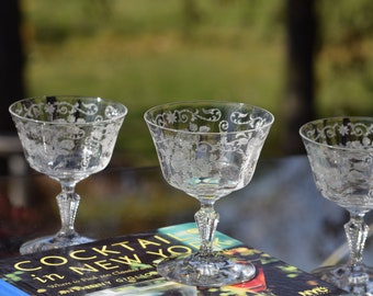 FUN AND FASHIONABLE! 6 Vintage Etched Cocktail Martini Glasses, Fostoria, circa 1940's, Wedding Champagne Glasses,  Cocktail Party Glasses