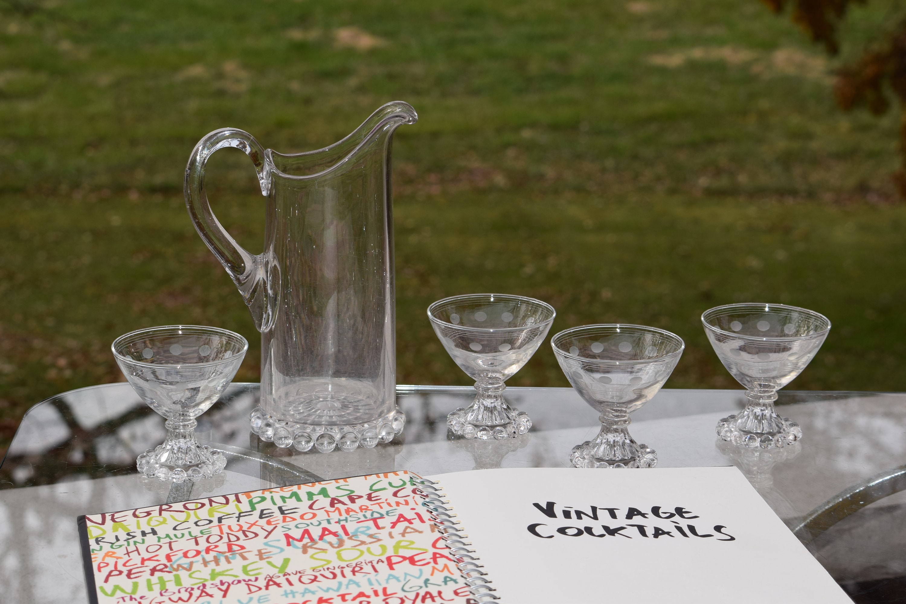 4 Vintage Etched Cocktail Glasses with Antique Pitcher, Bryce