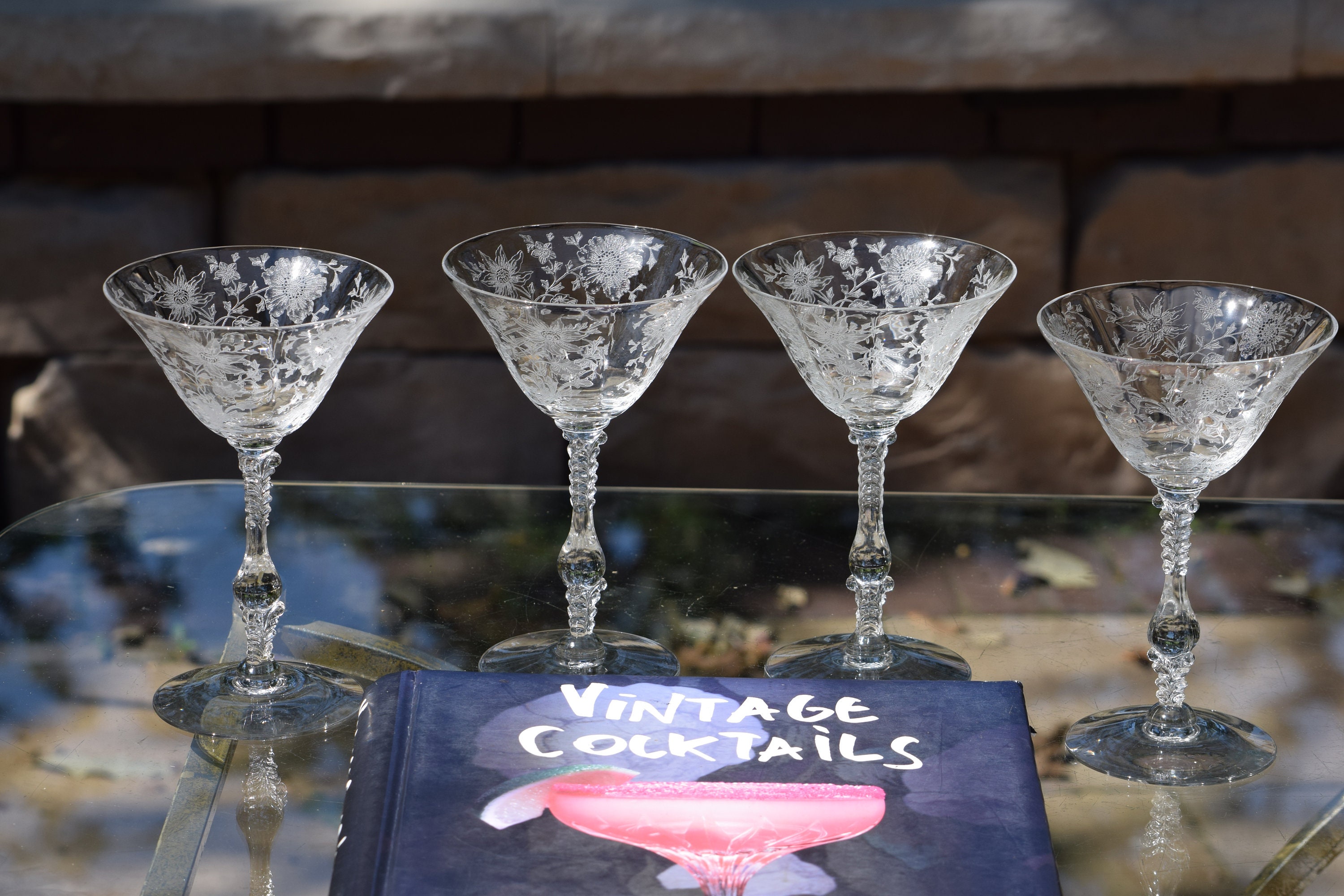 Vintage Tall Etched Crystal Martini Glasses - Set of 4