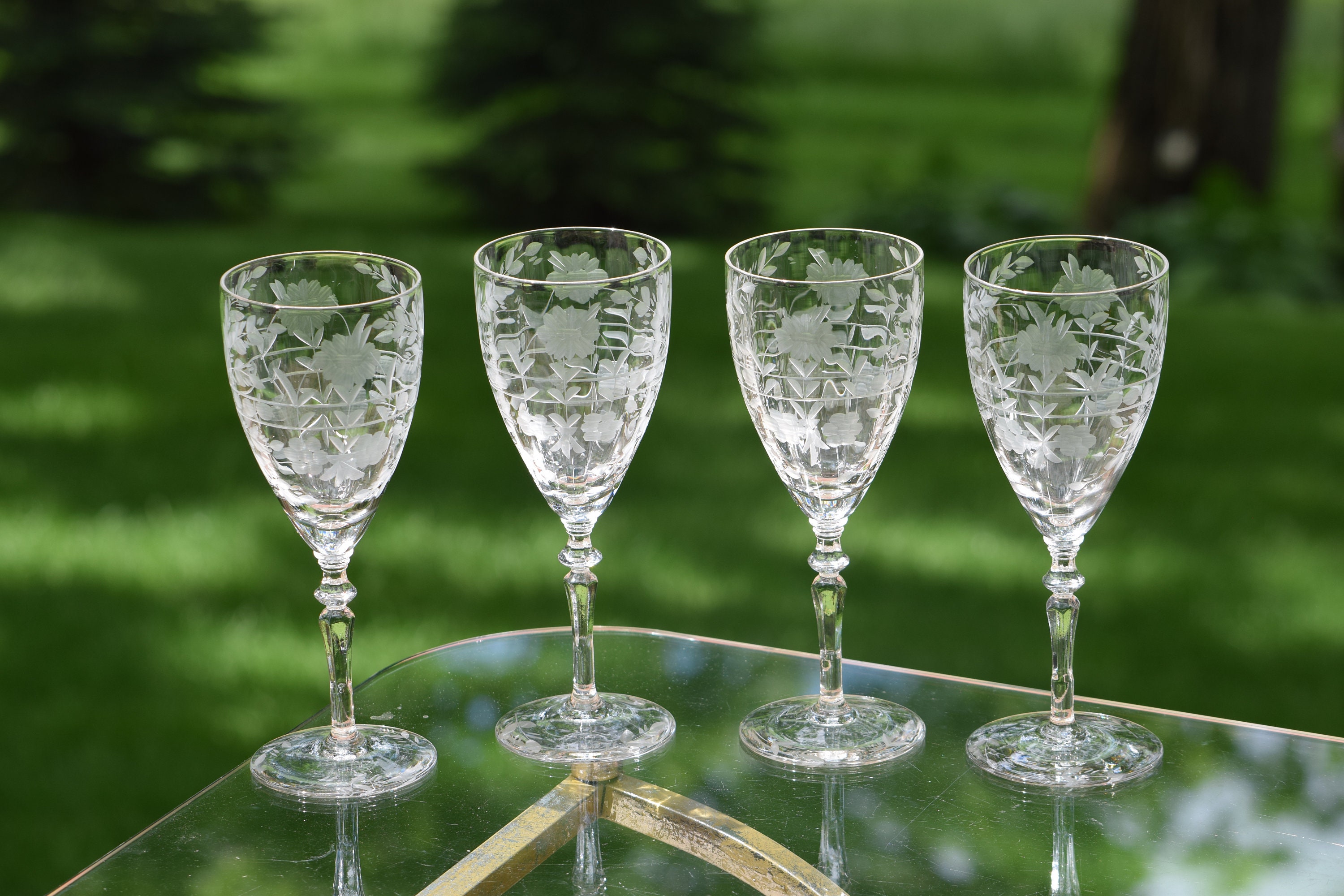 Vintage Etched Optic Wine Glasses, Set of 4, Floral Etched Wine glasses ...