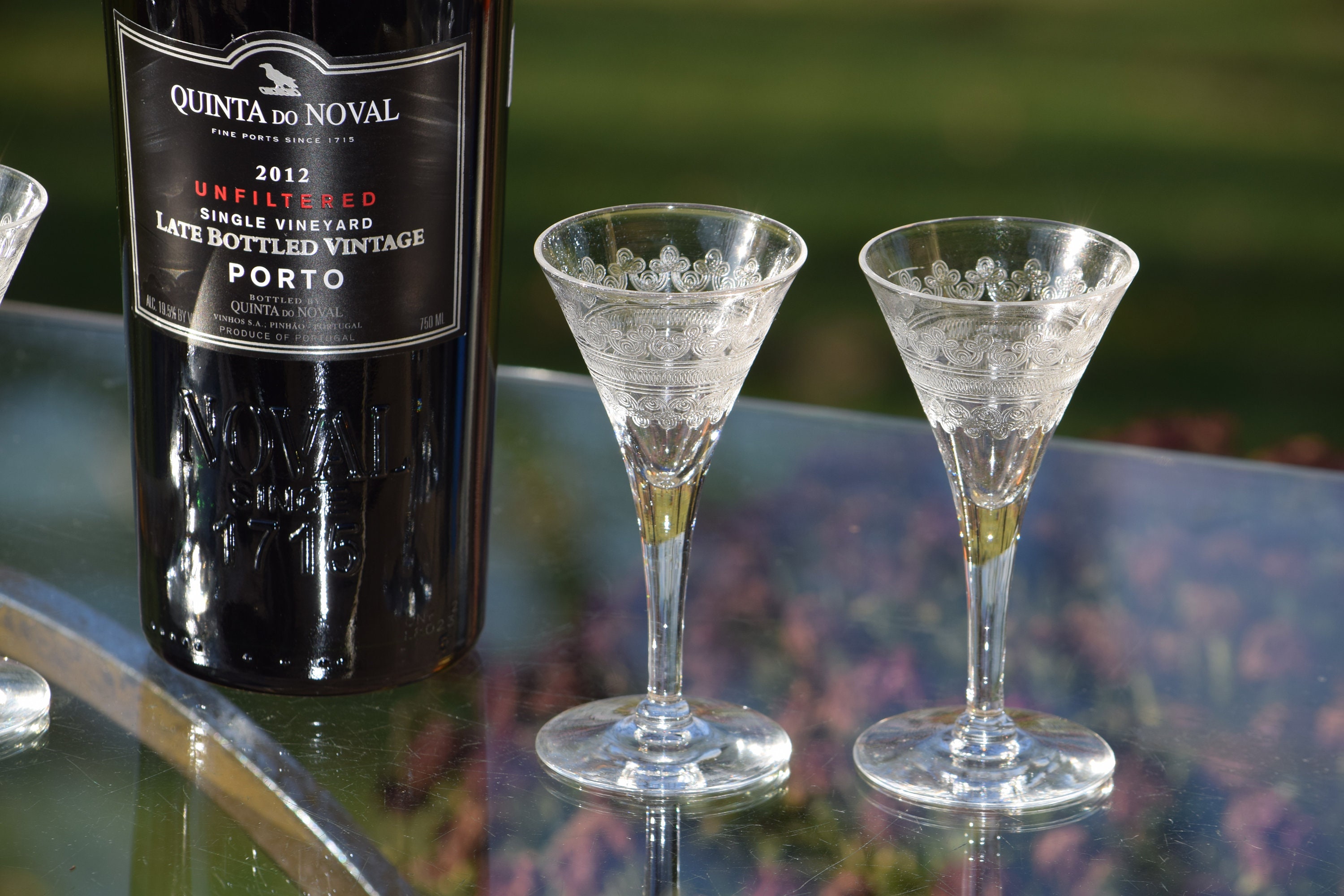 Vintage Needle Etched Wine Cordials, Set of 4, Fostoria, circa 1920's