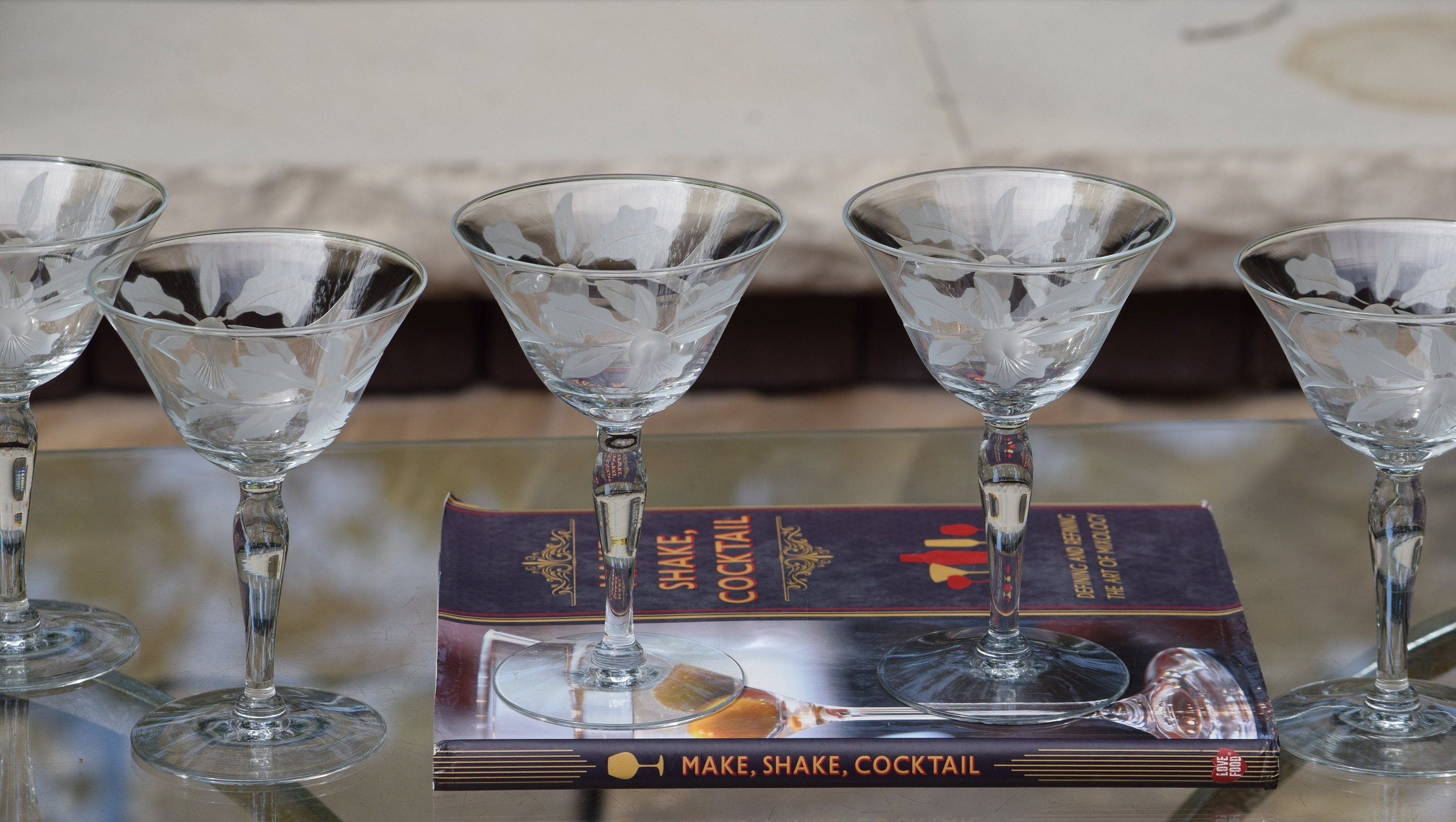 4 Vintage Etched Cocktail Martini glasses, 1950's Etched Floral