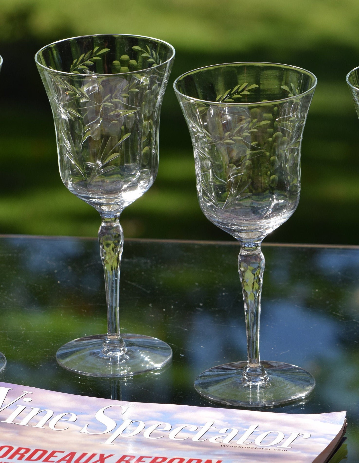 Reserved For Jing Sold Vintage Etched Optic Wine Glasses Set Of 4 Circa 1950 S Tall