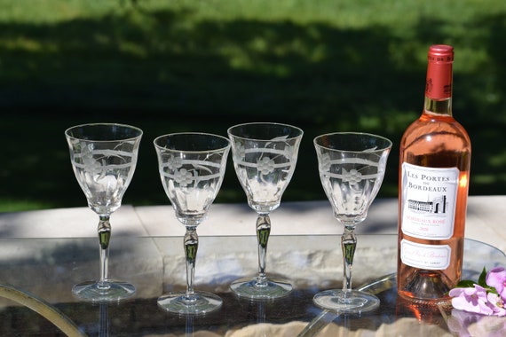 4 Vintage Etched Tall Wine Glasses Water Goblets 1950's 