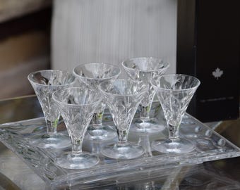 Vintage Etched Port Wine Glasses with Glass Serving Tray, 1990's, Dessert Wine ~ Sherry Cordials, Royal Crystal Rock - Laurus, Italy