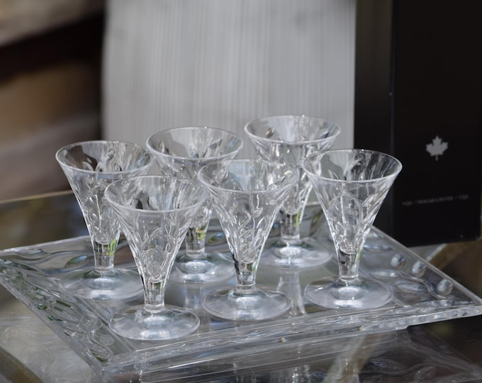 Vintage Etched Port Wine Glasses with Glass Serving Tray, 1990's, Dessert Wine ~ Sherry Cordials, Royal Crystal Rock - Laurus, Italy