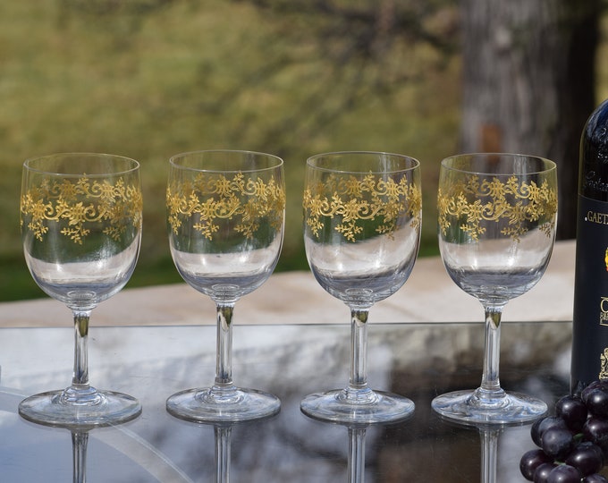 2 Vintage BACCARAT Gold Etched Crystal Wine Glasses ~ Water Goblets, Baccarat, Sevigne ~ Recamier, 1991, Baccarat 12 oz Water Goblets