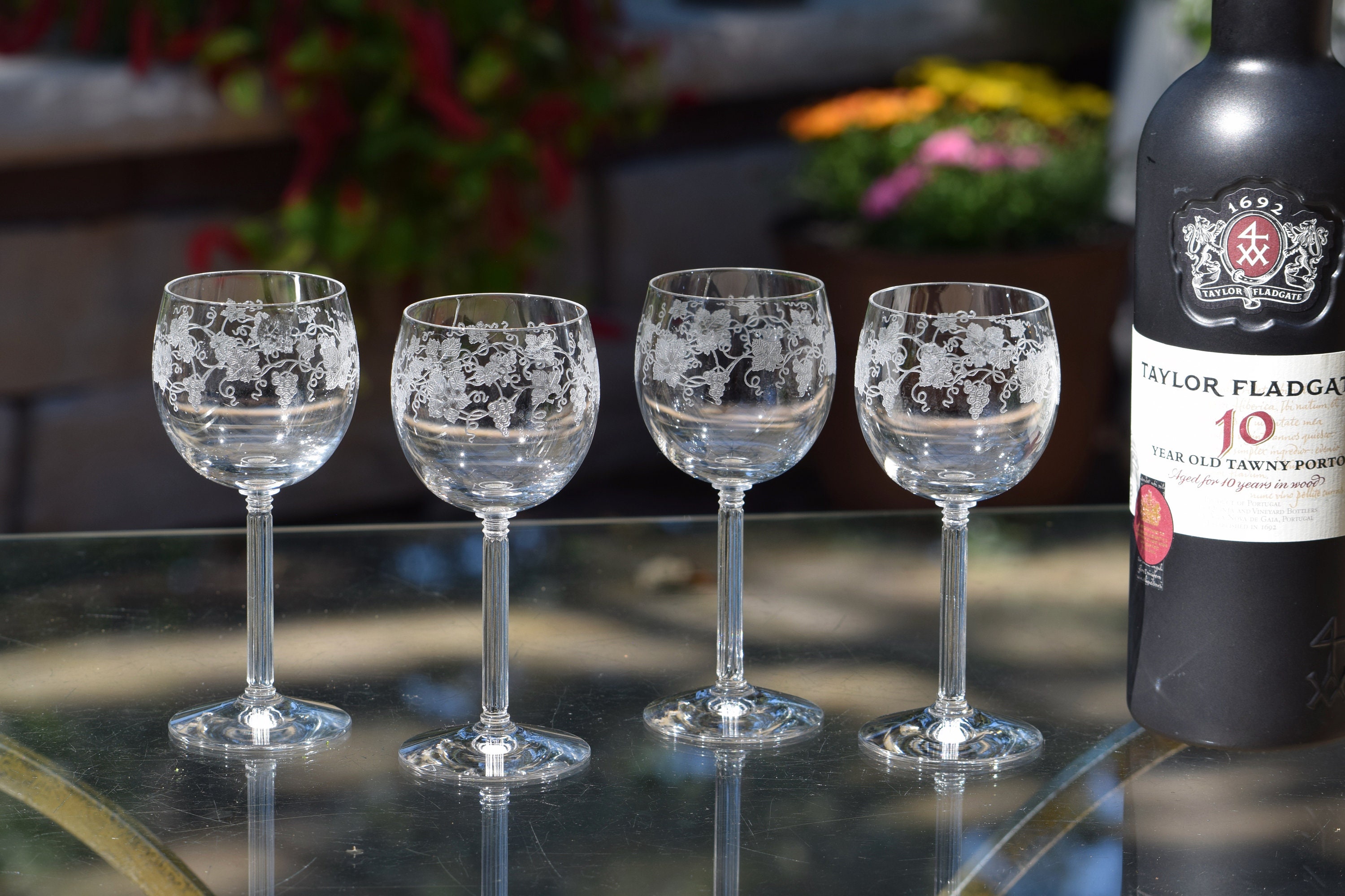 4 Vintage Etched Crystal Wine Cordial Glasses, Fostoria, Nectar, 1936