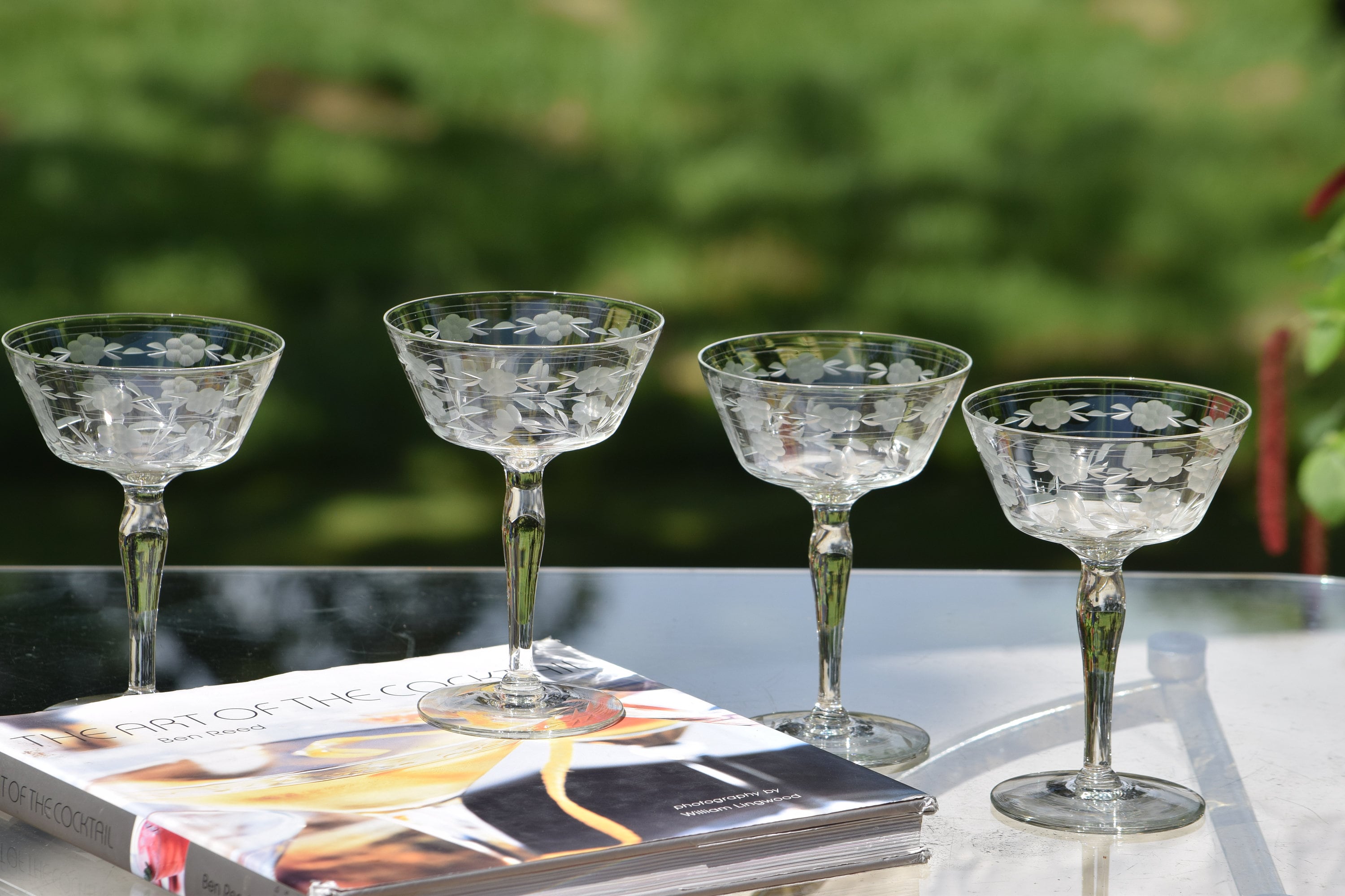 5 Vintage Etched Cocktail Glasses Martini Glasses, 1950's, Vintage