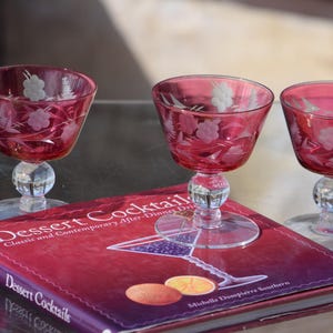 American Made! 5 Vintage Etched Ruby Red Liqueur - Port Wine Glasses,  circa 1950, After Dinner Drink 3 oz Cordials, Small 3 oz Cocktails