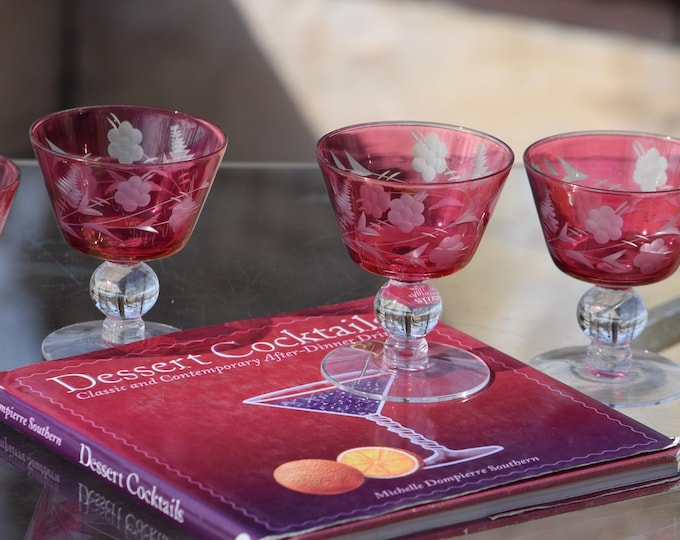 American Made! 5 Vintage Etched Ruby Red Liqueur - Port Wine Glasses,  circa 1950, After Dinner Drink 3 oz Cordials, Small 3 oz Cocktails