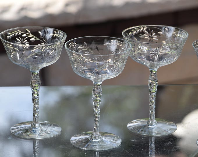 Cocktails In Style! 6 Vintage Etched Cocktail ~ Martini Glasses, 1950's, Nick & Nora Cocktail Coupes,  Etched Champagne Glasses