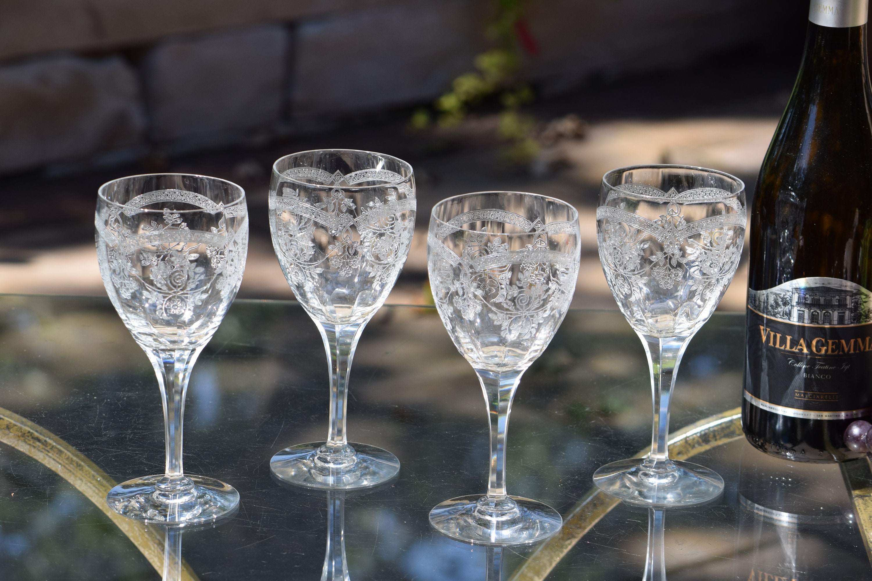 4 Antique Etched Optic Wine Glasses, Fry Glass, 1930's, Antique Wine