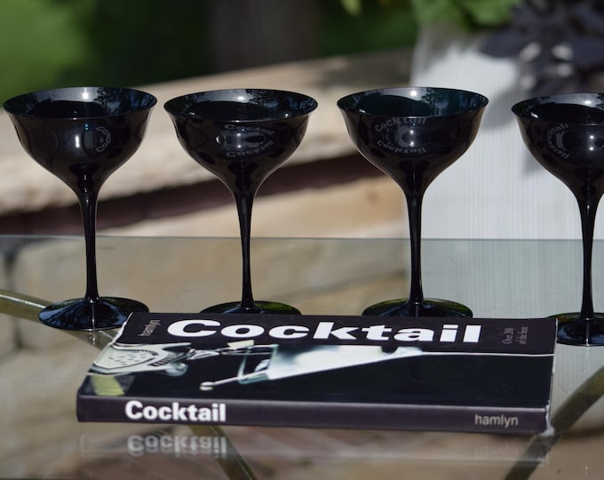 Vintage Black Cocktail Glasses, Mid Century Glassware,  Nick and Nora Coupes, 1960's Black Cocktail Coupes