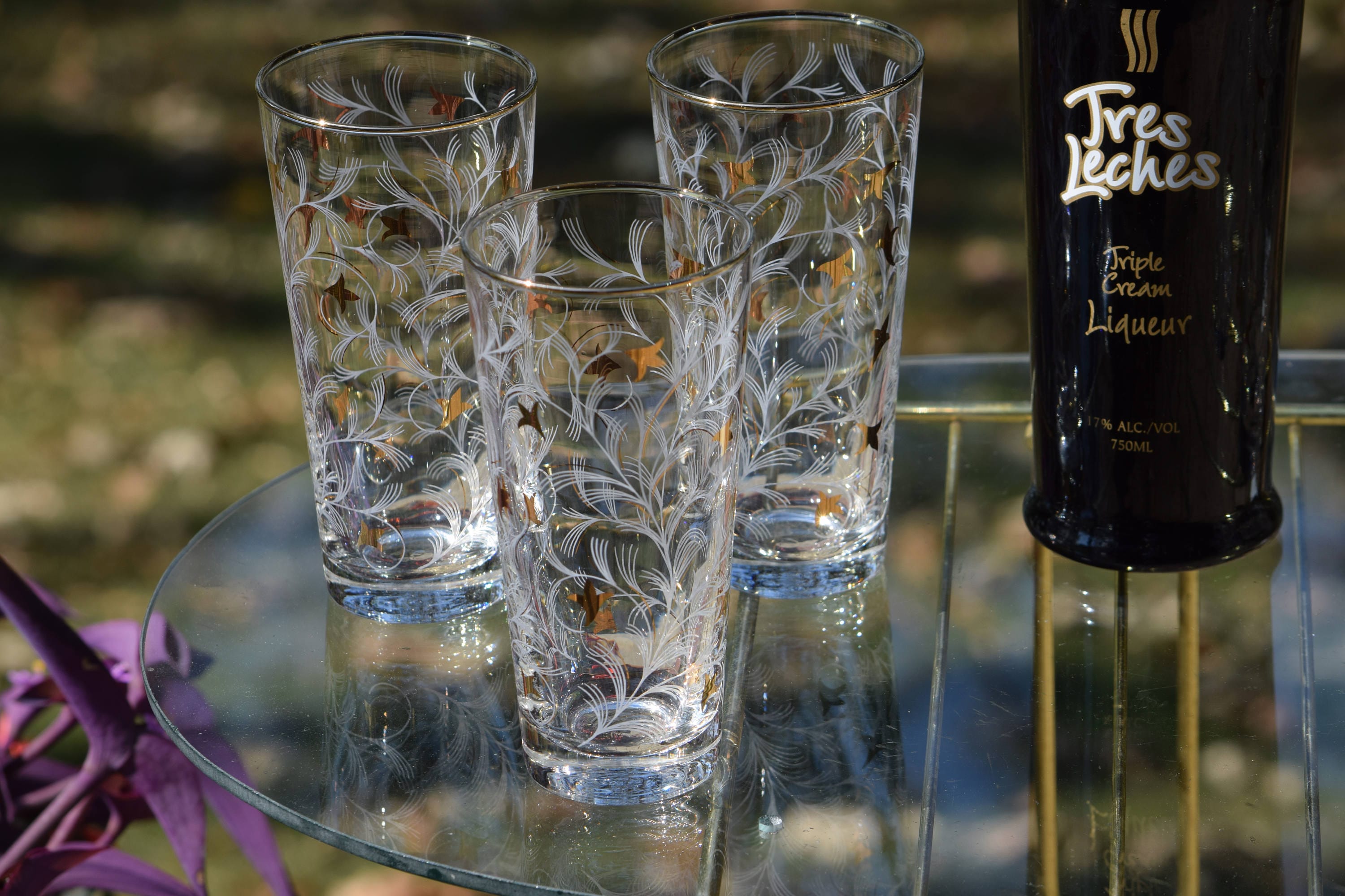 Vintage Cocktail Highball Glasses with Gold and White Designs, Set of 7