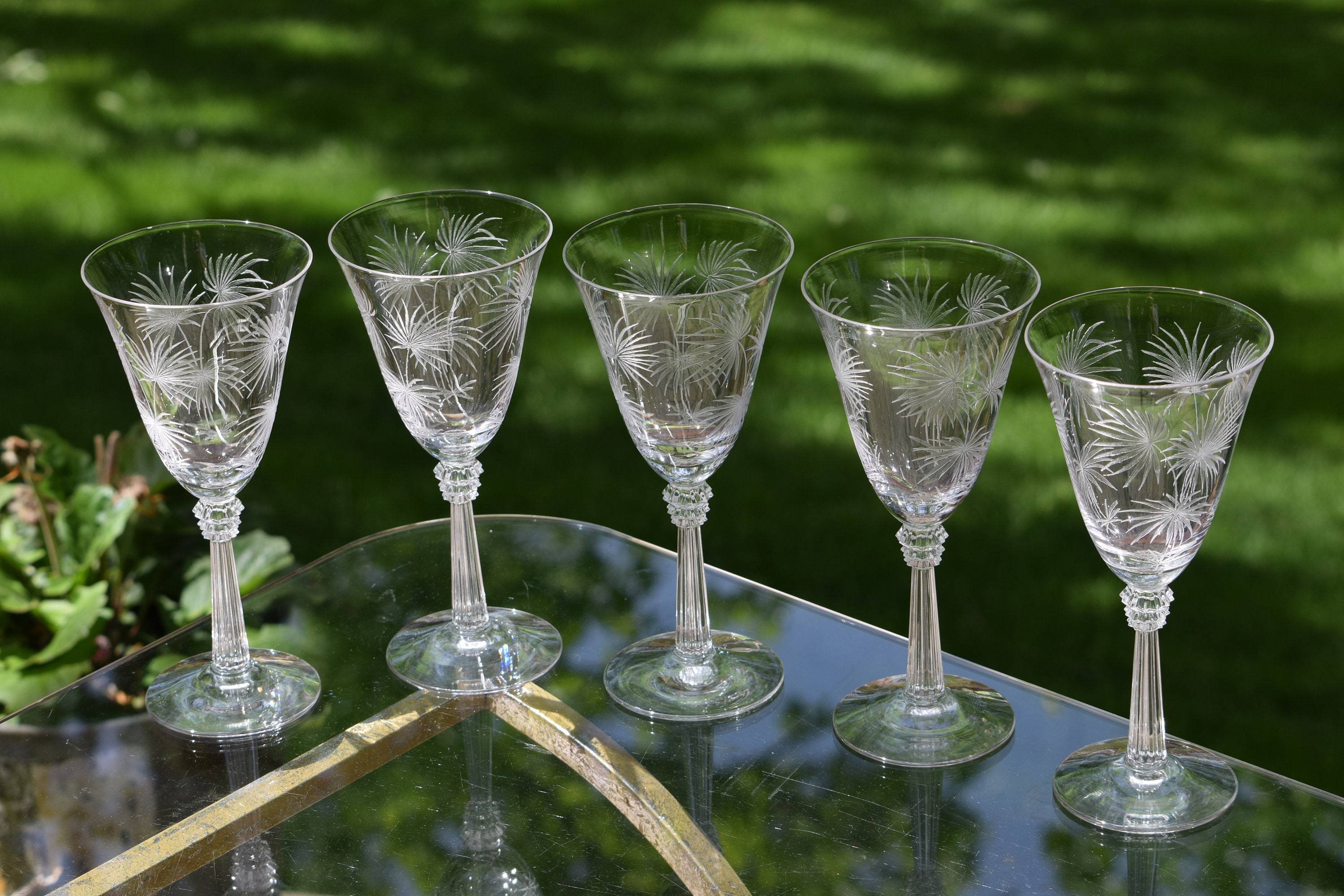 Wine Glass Set, Etched Cut Stemware Lot, Set of 4 Glasses, Etched