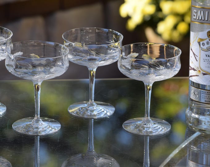 Vintage Etched Crystal Cocktail Glasses ~ Champagne Coupes, Set of 6, Vintage Crystal Stemware