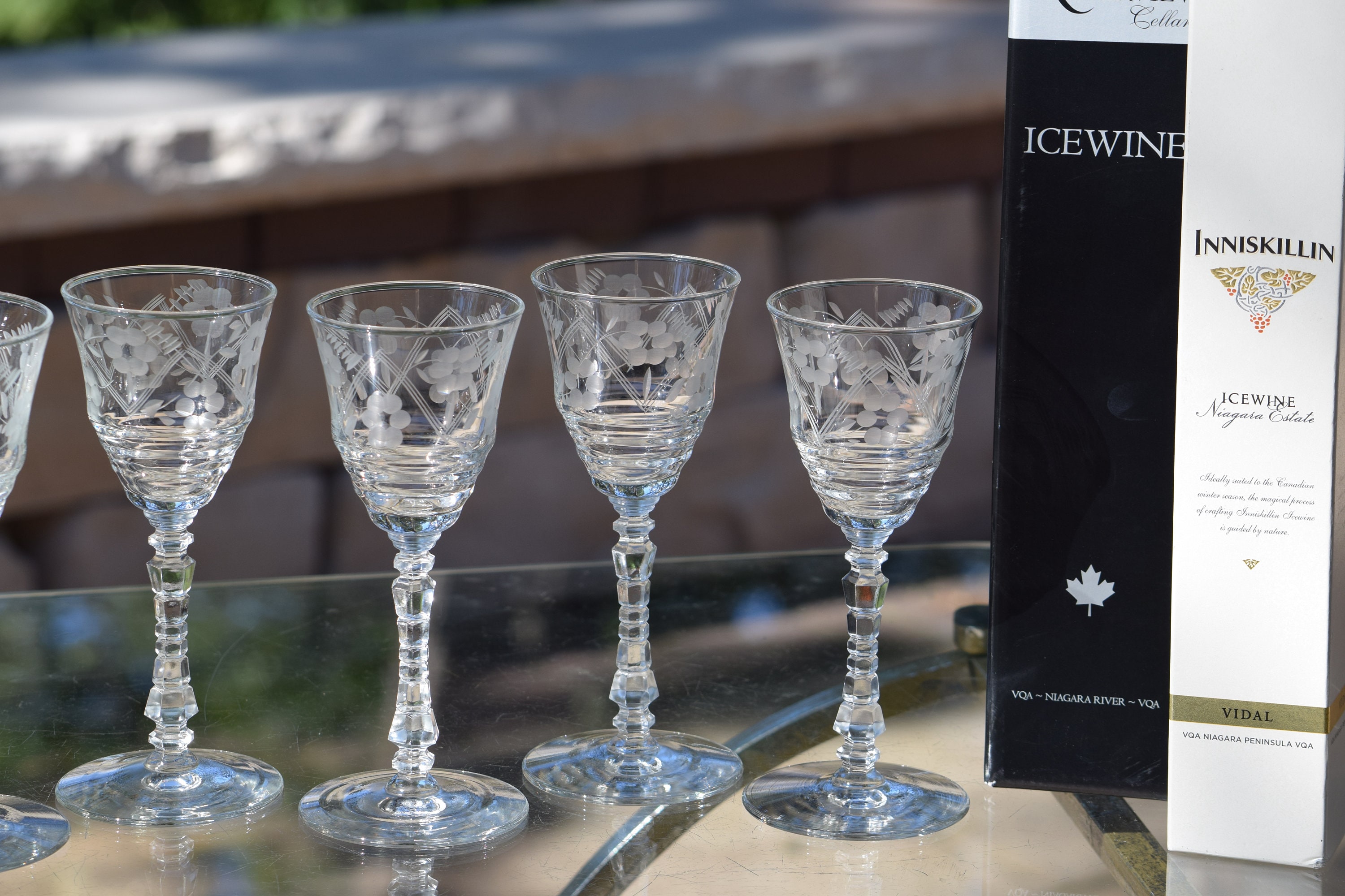 4 Vintage Etched Crystal Wine Glasses ~ Port Wine Glasses, Set of