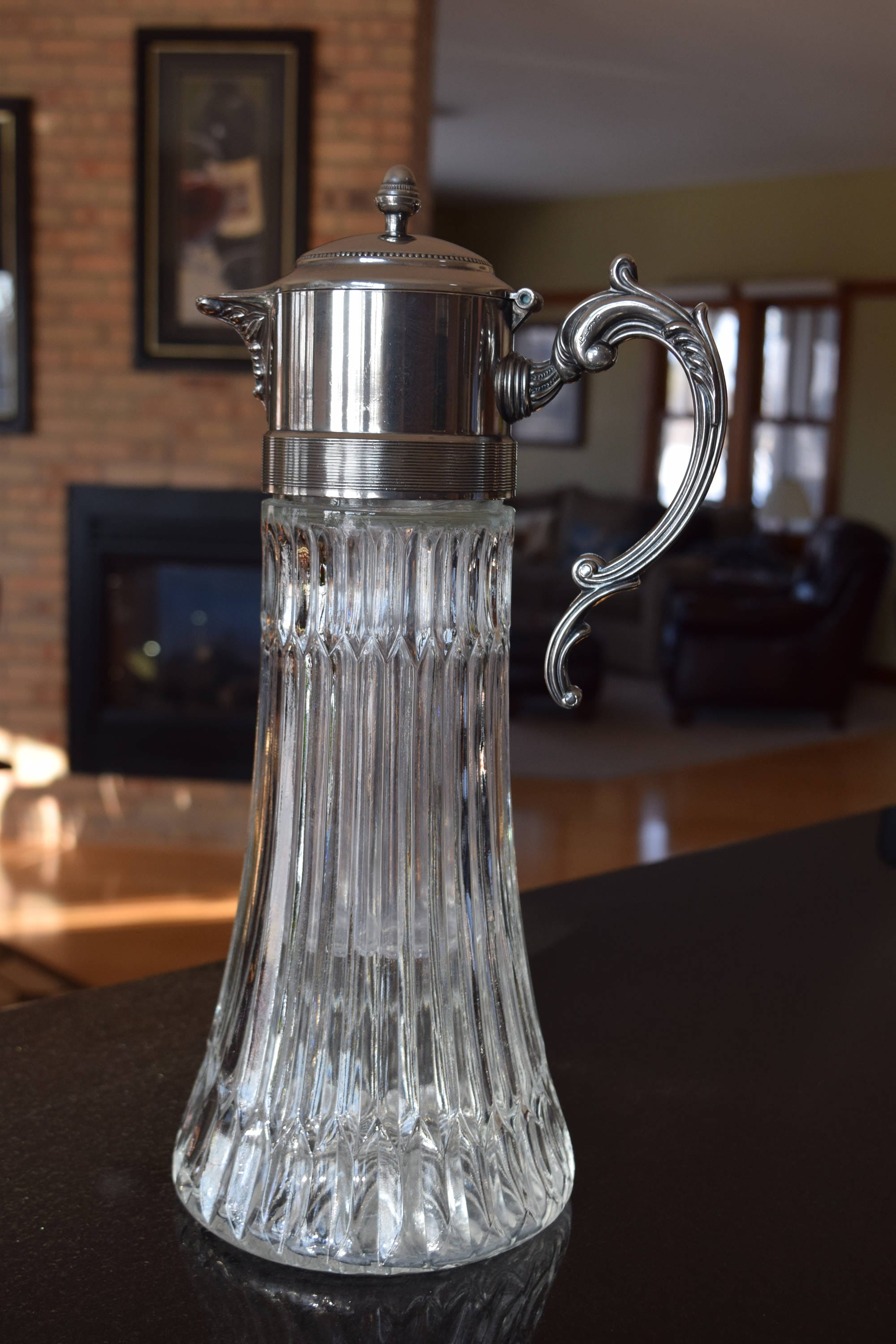 Vintage Wine Decanter Pitcher with Silver Top, circa 1940's, Home Bar