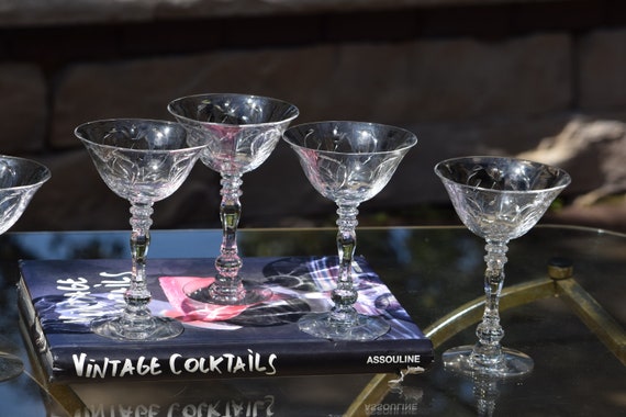 5 Vintage Etched Cocktail Martini Glasses, Duncan Miller 1950's