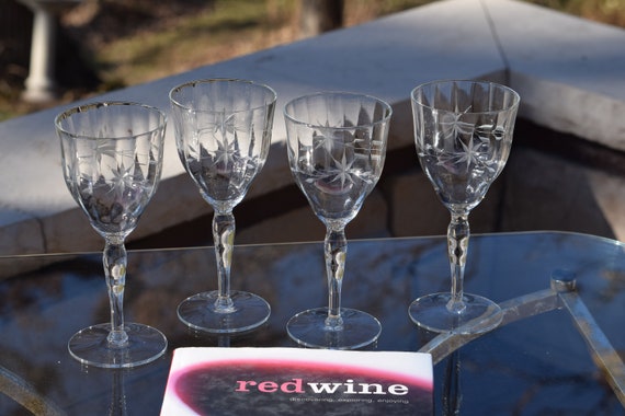 WINE O CLOCK 4 Vintage Etched Tall Wine Glasses Water Goblets 1950 s Etched Wine Glasses Unique Shaped Wine Glasses Wedding Glasses Etsy UK