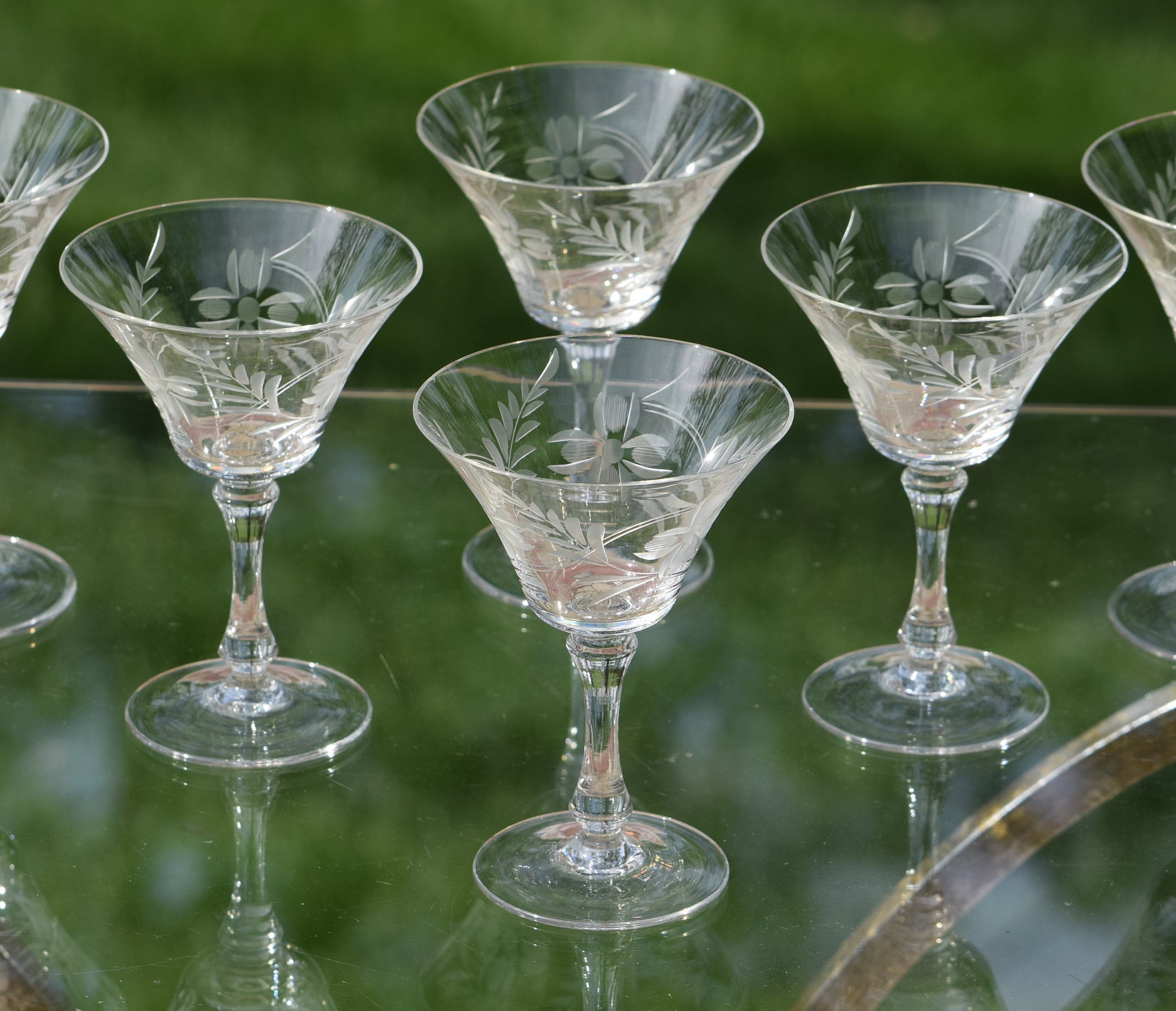 Vintage Etched Cocktail Martini Glasses, Set of 6, Vintage Floral