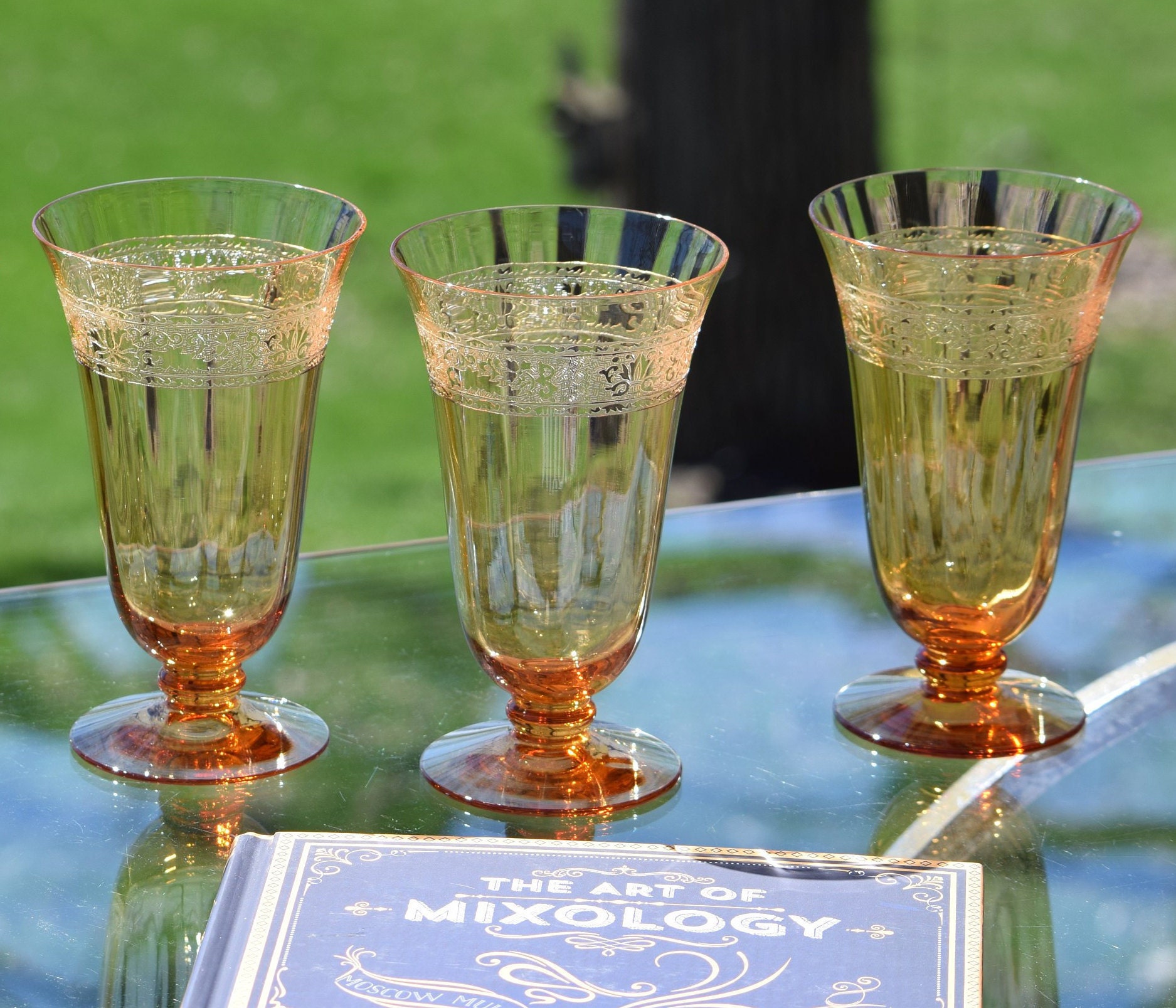 Vintage Etched Amber Optic Cocktail Glasses, Set of 3, Wine Glass, Set
