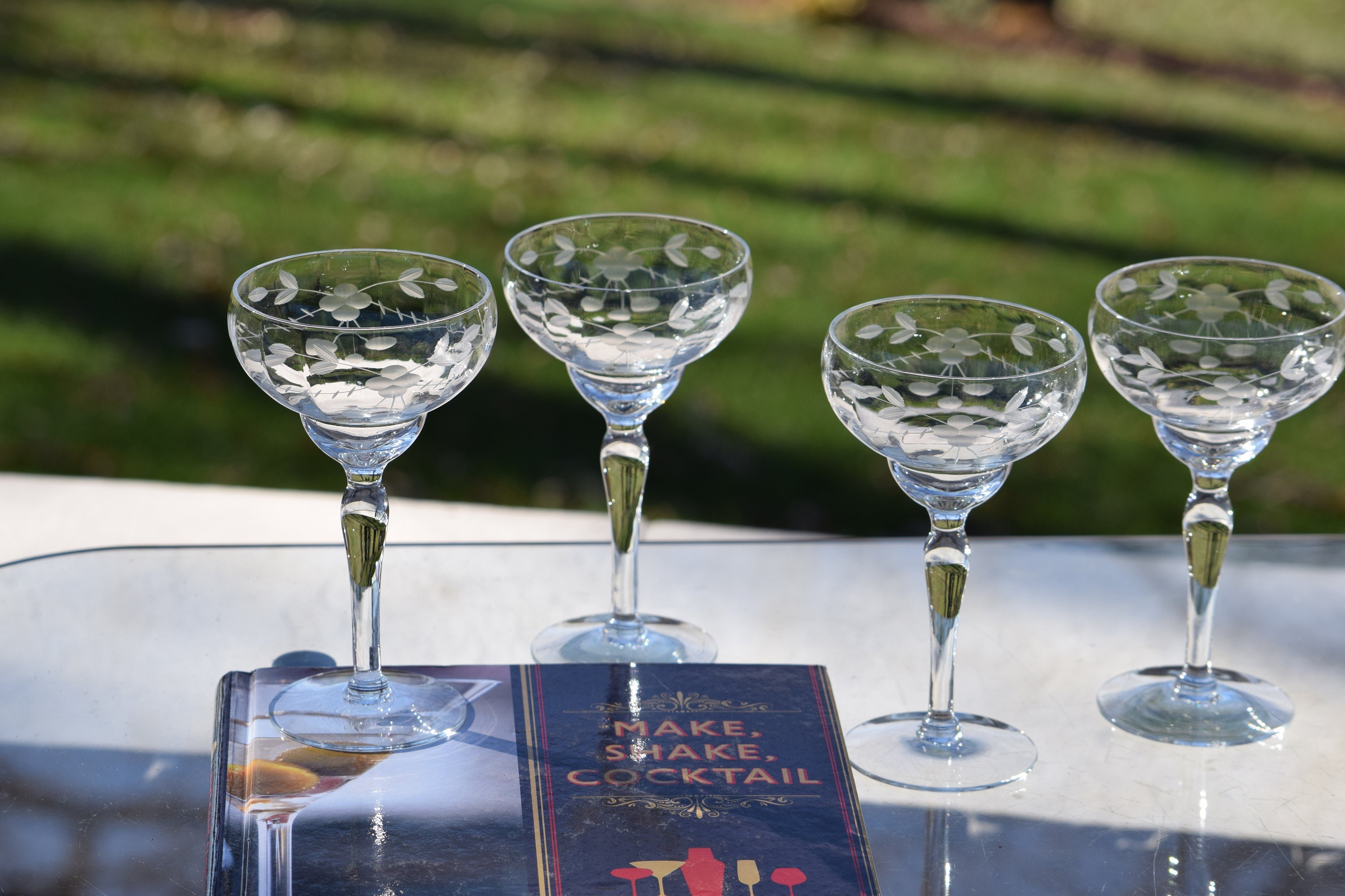 4 Vintage Etched Cocktail Glasses, circa 1950, Small 4 oz