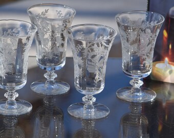 6 Vintage Etched Wine Cordials ~ Liqueur Glasses, Tiffin Franciscan, 1950's, 3.5 oz After Dinner Drinks ~ Dessert Port Wine Glasses