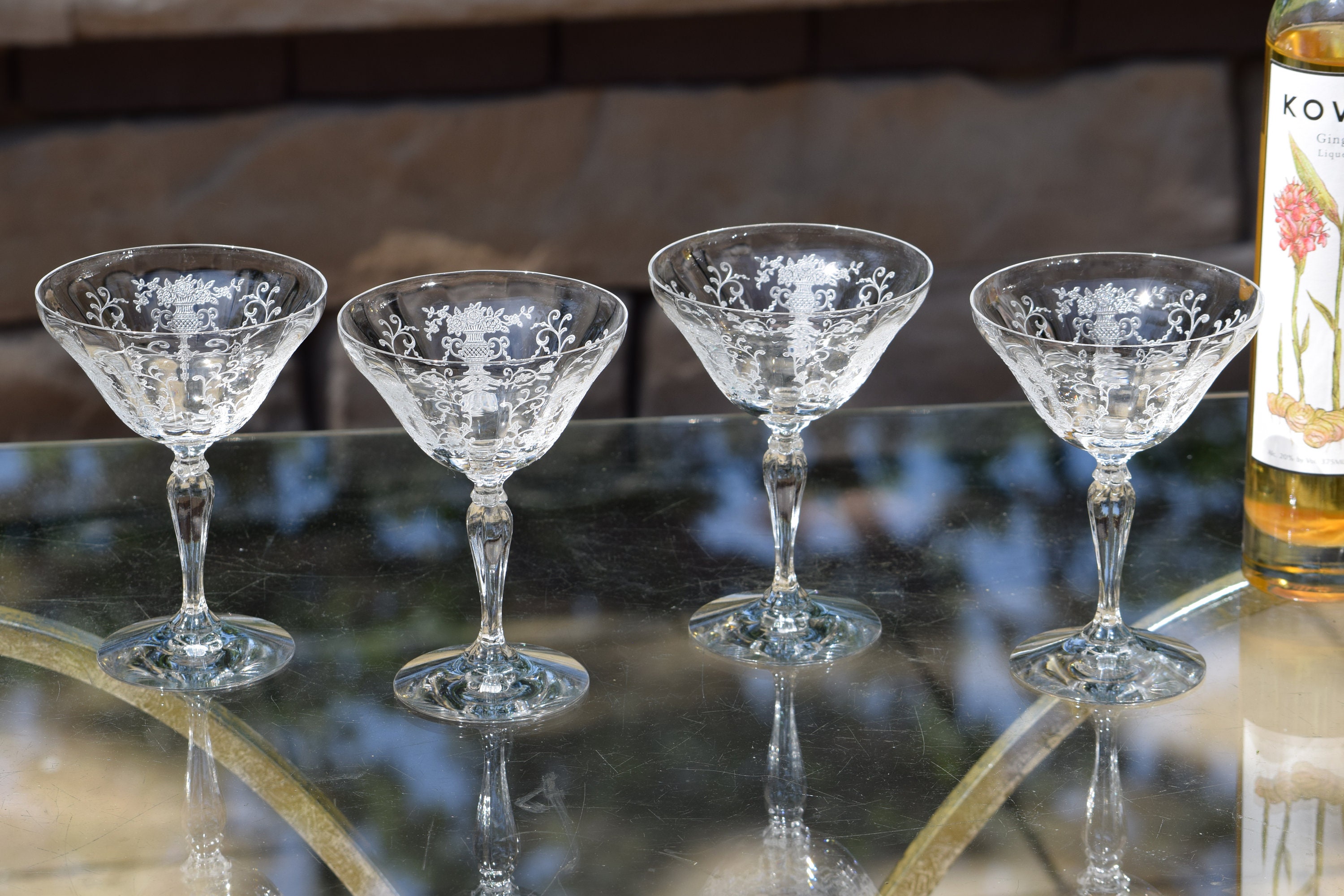 4 Vintage Etched CRYSTAL Cocktail Martini glasses, Fostoria