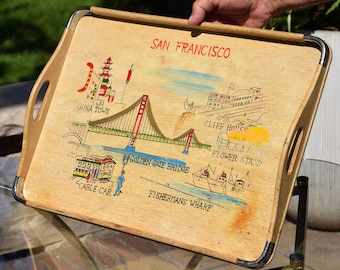 Vintage San Francisco Serving Tray, Golden Gate Bridge, Chinatown, 1960s Wood Veneer