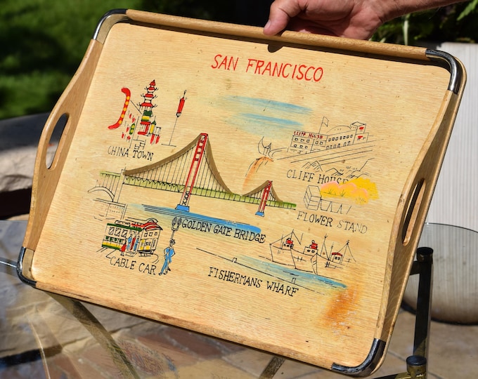 Vintage San Francisco Serving Tray, Golden Gate Bridge, Chinatown, 1960s Wood Veneer