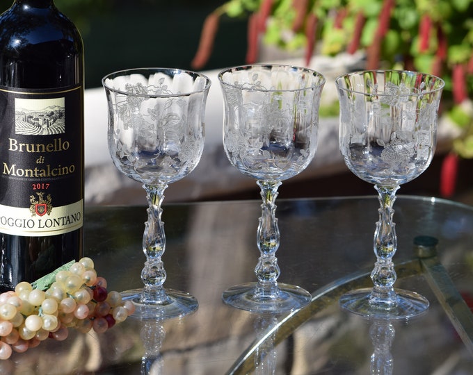 6 Vintage Etched Crystal Wine Glasses, Fostoria, Willowmere, circa 1940's,  Elegant Vintage Crystal Wine Glasses ~ Water goblets